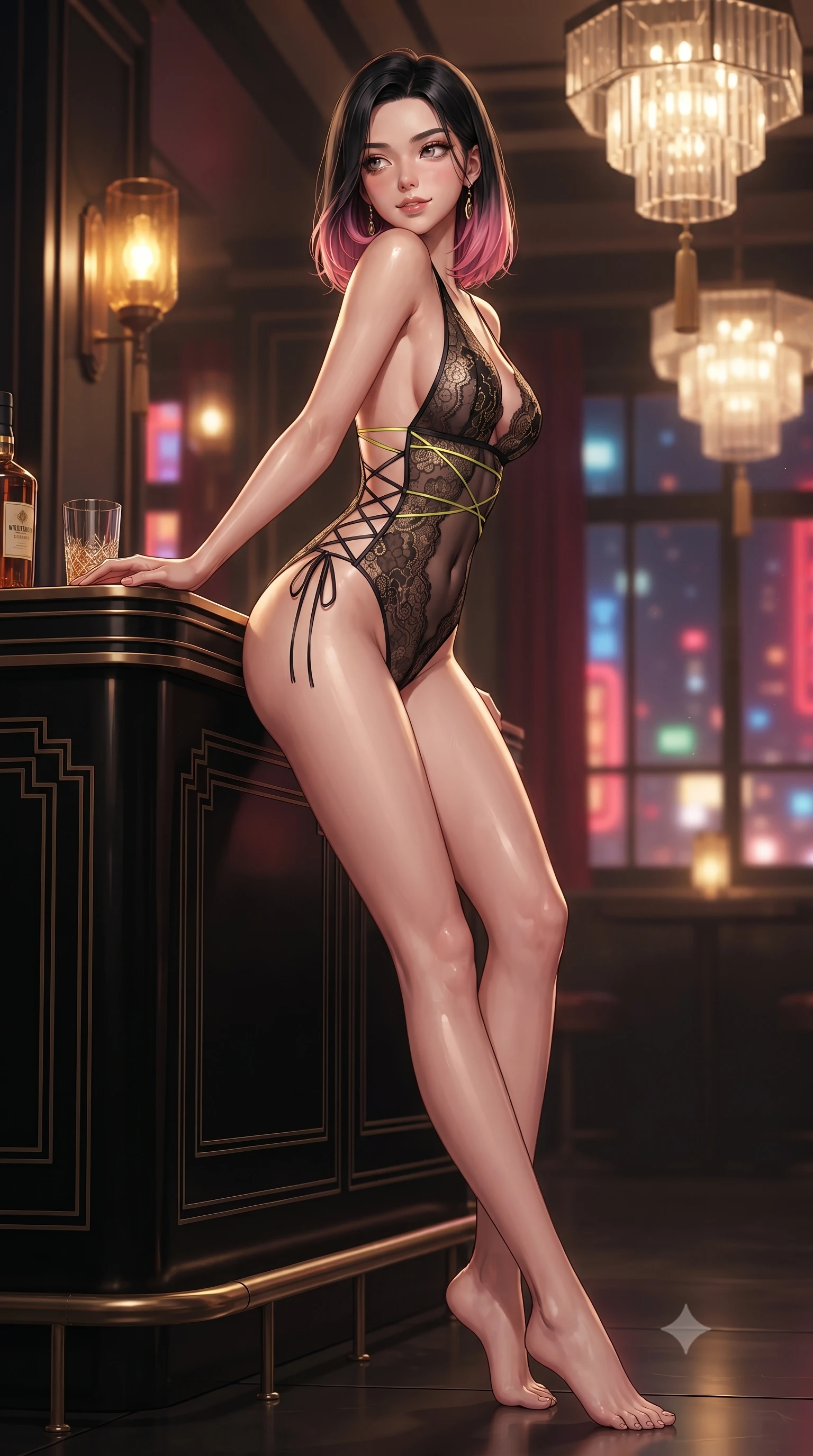 score_9, masterpiece, best quality, ultra-detailed, high-budget anime keyframe, editorial fashion photography, tasteful artistic composition, Korean woman. low angle full-body shot from head to toe showing her feet, filling the entire 9:16 vertical frame with her statuesque presence, stretching her vertical silhouette. stepping forward in a confident stride, her long slender legs and curvaceous hips creating a dynamic, sweeping vertical line while leaning against the black lacquered Art Deco bar counter with hips cocked back, looking over a bare shoulder with an intoxicating smoldering bedroom-gaze. The background shows a soft-focus vintage geometric crystal chandeliers and silk tassels softened in 1920s Shanghai jazz age nocturne shallow focus. She has an exceptionally tall and slender model-like 8.5-heads proportion, an ultra-slim waist, a flat toned midriff, narrow delicate ribcage, and beautifully sculpted feminine hips creating a graceful, slim hourglass silhouette without any bulky heaviness, with impossibly long slender legs. sharp v-shaped jawline, high-bridge nose, intricate jewel-like sparkling eyes with depth, thick eyelashes, glossy parted lips with a natural peach sheen, bright cheerful beaming smile with an enchanting and coquettish sensual glint, exuding both youthful cute charm and seductive allure, flawlessly proportioned anatomical accuracy, strict slender model proportions, natural body alignment, perfectly sculpted long slender limbs, ultra-slim waistline, clean dynamic posture without body distortion. wearing a provocative plunging sheer micro-mesh leotard with criss-cross neon strap details across her flat midriff in Shanghai noir black and imperial 24k gold, made of delicate semi-sheer French Chantilly lace with intricate eyelash edges, featuring fine criss-cross lace-up side ties revealing tantalizing glimpses of her hip curve, the liquid-tight tailored fabric clinging flawlessly to her narrow waist and rounded feminine hips, emphasizing every millimeter of her sculpted slim hourglass curves without any bulky heaviness. bathed in the warm golden 2500K glow of vintage amber glass sconces mixed with electric crimson and sapphire city lights spilling through glass. ultra-reflective glossy finish, specular highlights, rich textural contrasts, high-contrast stereoscopic depth, volumetric dynamic lighting, 2k, ultra detail, master piece, 9:16 ratio