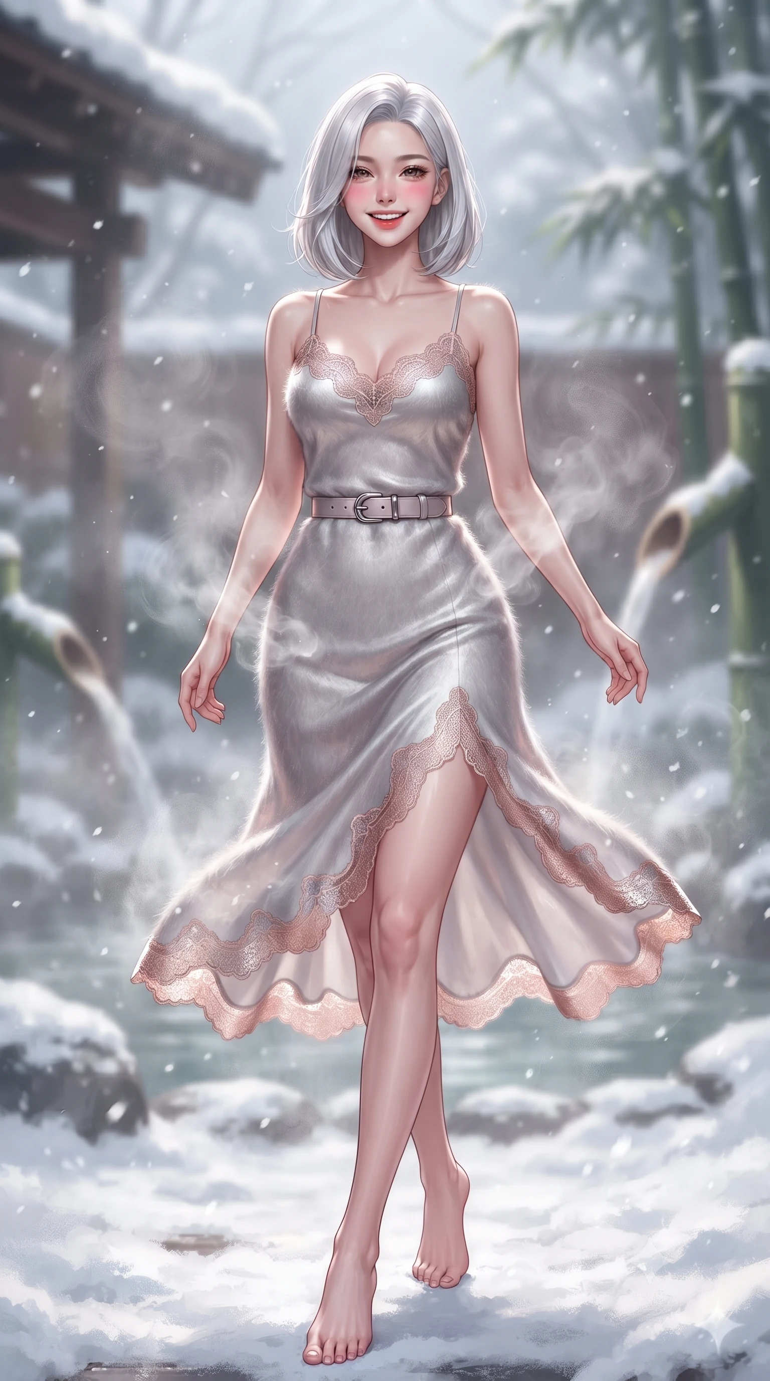 score_9, masterpiece, best quality, ultra-detailed, high-budget anime keyframe, editorial fashion photography, tasteful artistic composition, Korean woman. low angle full-body shot from head to toe showing her feet, filling the entire 9:16 vertical frame with her statuesque presence, stretching her vertical silhouette. stepping forward gracefully across the snow terrace in mid-motion with a radiant beaming smile, hips swaying in an alluring kinetic rhythm that accentuates her curvy hourglass silhouette and long slender legs while twisting her slender torso in an alluring contrapposto stance, rising mineral steam and snow flurries curling around her narrow waist and curvy hips. The composition keeps background elements in soft focus with dreamy creamy bokeh. swirling mineral onsen steam tendrils and gentle bamboo water spouts softened in Japanese winter onsen shallow focus. She has an exceptionally tall and slender model-like 8.5-heads proportion, an ultra-slim waist, a flat toned midriff, narrow delicate ribcage, and beautifully sculpted feminine hips creating a graceful, slim hourglass silhouette without any bulky heaviness, with impossibly long slender legs. sharp v-shaped jawline, high-bridge nose, sparkling ice-crystal eyes with depth, frosty thick lashes, glossy parted lips with a rosy berry sheen, bright playful smile with an intoxicating seductive glint, rosy flushed cheeks radiating cozy warmth and dangerous allure, flawlessly proportioned anatomical accuracy, strict slender model proportions, natural body alignment, perfectly sculpted long slender limbs, ultra-slim waistline, clean dynamic posture without body distortion. wearing a strappy silver silk slip dress with delicate lace scallop edging along the neckline and hem in soft blush pink and rose-gold metallic shimmer, tailored from plush brushed mohair with delicate fuzzy halo texture, accented with a sleek leather belt with polished silver buckle cinching her narrow waist, the high-waisted tailoring accentuating her ultra-slim waistline and the enchanting curve of her feminine hips with alluring winter charm. illuminated by steaming spring water caustics and crisp silver rim lighting sharply carving her razor-sharp jawline, narrow waist, and curvy hips. ultra-reflective glossy finish, specular highlights, rich textural contrasts, high-contrast stereoscopic depth, volumetric dynamic lighting, 2k, ultra detail, master piece, 9:16 ratio