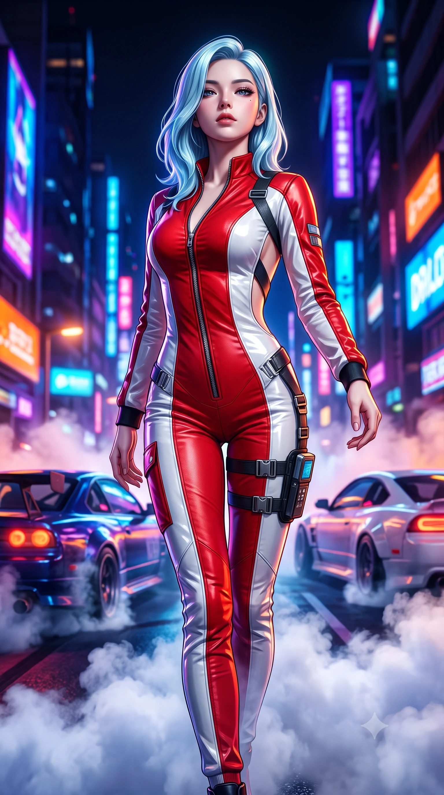 score_9, masterpiece, best quality, ultra-detailed, high-budget anime keyframe, semi-realistic 3D game render, editorial fashion photography, tasteful artistic composition, Korean woman. close-up cowboy shot from the waist and thighs up, the character dominates the composition, filling the frame with her large presence. tilting her chin up with proud, sovereign allure while gazing through thick eyelashes with an irresistible, dangerous bedroom-gaze while stepping forward with proud runway strides amidst rising tire smoke, her statuesque vertical presence commanding the frame. The surrounding environment is rendered in vivid detail and crisp panoramic clarity. intense neon-noir chiaroscuro and exhilarating urban drift culture aesthetics rendered with precision. She has an exceptionally elegant, slender, and willowy female figure with an ultra-slim waist, a gracefully sculpted slender torso, toned flat midriff, and a refined slim silhouette. sharp v-shaped jawline, high-bridge nose, intricate jewel-like eyes with depth, thick eyelashes, glossy parted lips with a natural sheen, intensely captivating and seductive expression, flawlessly proportioned anatomical accuracy, strict slender model proportions, natural body alignment, perfectly sculpted long slender limbs, ultra-slim waistline, clean dynamic posture without body distortion. wearing a daring open-back racing jumpsuit with crossed elastic suspension straps and form-hugging fit in bright racing scarlet red and glossy white, made of durable ripstop technical nylon with metallic zipper teeth, equipped with a sleek thigh-mounted telemetry display and tactical harness, the sleek tactical cut tightly hugging her graceful clavicle, narrow waist, and athletic curves with statuesque precision. surrounded by an adrenaline-fueled, audacious, and wildly charismatic drift idol aura. highly saturated vibrant anime colors, detailed shading with soft gradients, rich glossy textures, high-contrast stereoscopic depth, volumetric dynamic lighting, master piece, 9:16 ratio