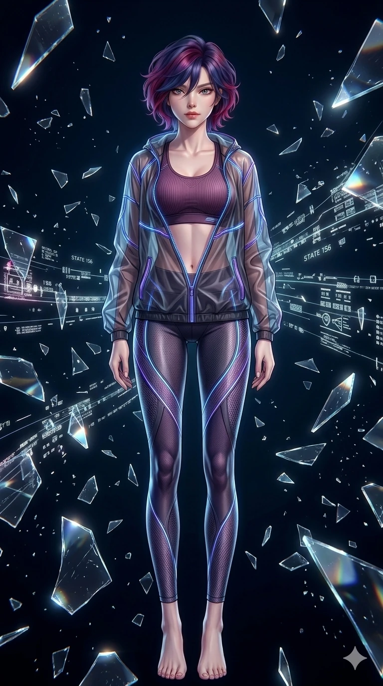score_9, masterpiece, best quality, ultra-detailed, Set A: High-budget Anime Keyframe, Korean woman. Low angle cowboy shot filling the entire 9:16 frame with her statuesque presence. Leaping through a virtual reality void, while her eyes glow with 150 different colors and surrounded by shattered glass fragments. She has an absolutely perfect 8-heads proportion, an exceptionally tall and slender female figure with impossibly long slender legs and an ultra-slim waist. Sharp v-shaped jawline, high-bridge nose, intricate jewel-like eyes with depth, thick eyelashes, glossy lips with a natural sheen. Wearing Tech-kimono with a wide holographic obi and side-slit carbon-fiber leg guards. Cinematic lighting, vibrant colors, dramatic shadows, 2k, ultra detail, master piece, 9:16 ratio