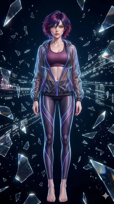 score_9, masterpiece, best quality, ultra-detailed, Set A: High-budget Anime Keyframe, Korean woman. Low angle cowboy shot filling the entire 9:16 frame with her statuesque presence. Leaping through a virtual reality void, while her eyes glow with 15