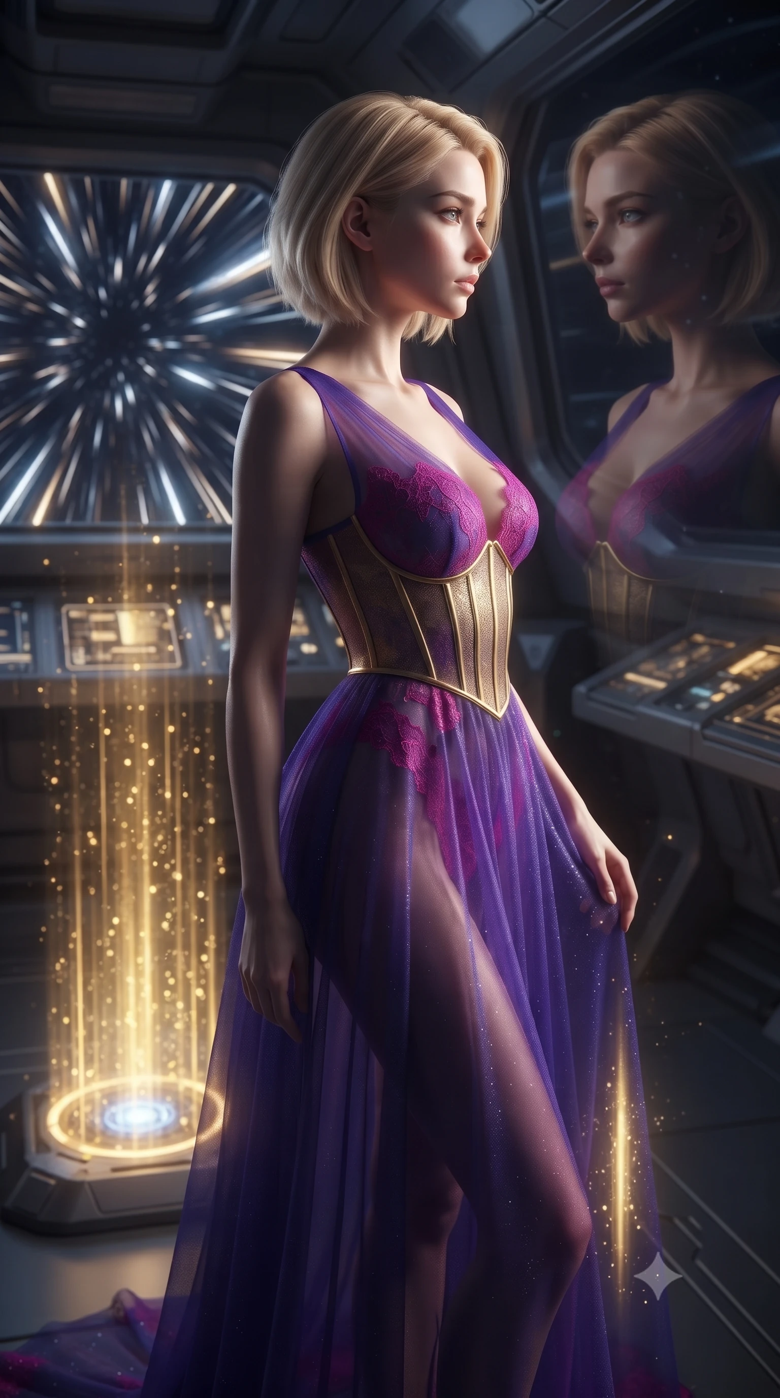 score_9, masterpiece, best quality, ultra-detailed, high-budget anime keyframe, editorial fashion photography, tasteful artistic composition, realistic cosplay photography, Caucasian woman, strictly human ears. close-up cowboy shot from the waist and thighs up, the character dominates the composition, filling the frame with her large presence, background elements kept in soft focus. Initiating a jump to hyperdrive, her face caught in a dramatic profile reflection on the cockpit glass. set against a soft-focus background of a clean room on a cruiser, a teleporter pad glowing with columns of golden light and digitizing particles. She has an exceptionally elegant and slender, willowy female figure with an ultra-slim waist, a gracefully sculpted slender torso, and a refined slim physique. sharp v-shaped jawline, high-bridge nose, intricate jewel-like eyes with depth, thick eyelashes, glossy lips with a natural sheen. wearing catching and diffusing the glowing particles, shimmering softly in response to the surrounding light, a tailored floor-length sheer gown in royal purple, featuring strategic fuchsia lace placement and a structured gold corset. golden light columns casting an upward glow on her figure. ultra-reflective glossy finish, specular highlights, metallic sheen, high-contrast stereoscopic depth, volumetric dynamic lighting, 2k, ultra detail, master piece, 9:16 ratio