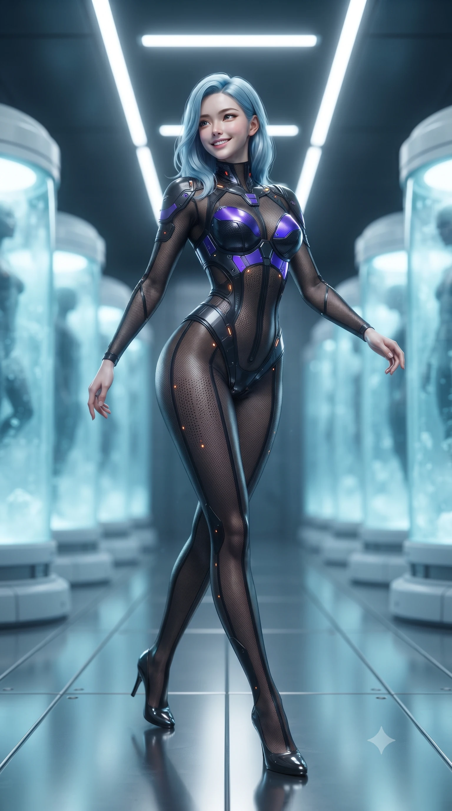 score_9, masterpiece, best quality, ultra-detailed, high-budget anime keyframe, editorial fashion photography, tasteful artistic composition, Korean woman. low angle full-body shot from head to toe showing her feet, filling the entire 9:16 vertical frame with her statuesque presence, stretching her vertical silhouette. striding forward gracefully across the reflective metal deck in mid-motion with a radiant beaming smile, hips swaying in an alluring kinetic rhythm that accentuates her curvy hourglass silhouette and long slender legs while standing poised between rows of glowing vertical cryo-capsules, arching her back with ice-cold, sovereign elegance. The background shows a soft-focus cylindrical vertical cryo-pods with suspended silhouettes and drifting ice vapors blurred into glacial cyan, cobalt, and frosty pearl bokeh. She has an absolutely perfect, statuesque 8.5-heads proportion, an exceptionally tall and slender model-like female figure with impossibly long slender legs, an ultra-slim waist, a flat toned midriff, narrow delicate ribcage, and beautifully sculpted feminine hips creating a graceful, slim hourglass silhouette without any bulky heaviness. sharp v-shaped jawline, high-bridge nose, intricate jewel-like sparkling eyes with depth, thick eyelashes, glossy parted lips with a natural sheen, bright confident smile with an enchanting and coquettish sensual glint, exuding both youthful magnetic charm and sovereign high-tech allure, flawlessly proportioned anatomical accuracy, strict slender model proportions, natural body alignment, perfectly sculpted long slender limbs, ultra-slim waistline, clean dynamic posture without body distortion. wearing a semi-translucent smoke-black mesh tactical catsuit with reinforced carbon-fiber bustier plating in neon electric violet and deep space obsidian, made of high-grade ballistic nylon with precision laser-cut perforations, accented with subtle hexagonal heat-sink vents glowing with dim orange thermal heat, the liquid-tight tailored fabric clinging flawlessly to her narrow waist and rounded feminine hips, emphasizing every millimeter of her sculpted slim hourglass curves without any bulky heaviness. illuminated by overhead cold-white strip lights and sharp crystalline silver rim lights carving her slim waist, hips, and jawline. ultra-reflective glossy finish, specular highlights, rich textural contrasts, high-contrast stereoscopic depth, volumetric dynamic lighting, 2k, ultra detail, master piece, 9:16 ratio