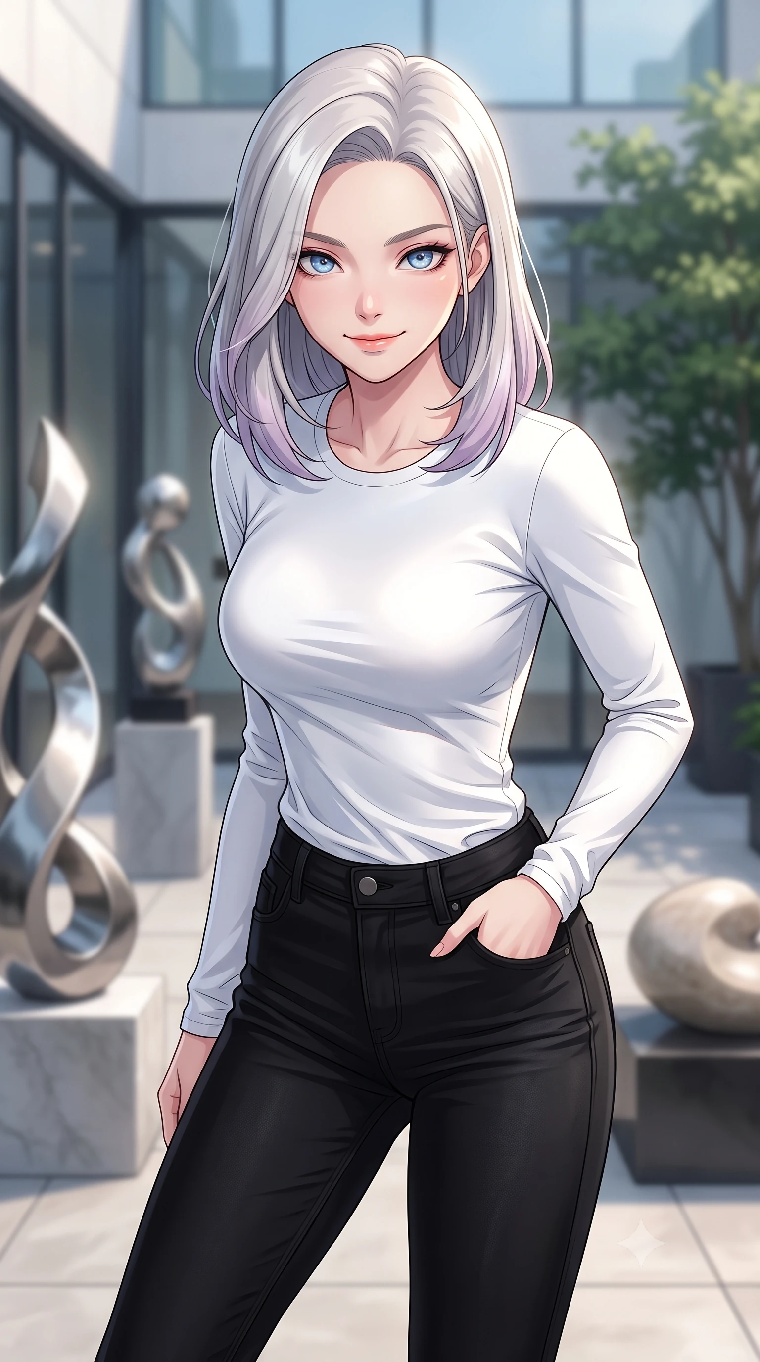 score_9, masterpiece, best quality, ultra-detailed, high-budget anime keyframe, tasteful artistic composition, Caucasian woman. close-up cowboy shot from the waist and thighs up, the character dominates the composition, filling the frame with her large presence, background elements kept in soft focus. leaning slightly forward with a playful, teasing smile, her gaze locked onto the viewer the background shows a soft-focus a secluded courtyard terrace of an art gallery, surrounded by modern sculptures. She has an exceptionally elegant, slender, and willowy female figure with an ultra-slim waist, a gracefully sculpted slender torso, and a refined silhouette. sharp v-shaped jawline, high-bridge nose, intricate jewel-like eyes with depth, thick eyelashes, glossy lips with a natural sheen. wearing a slim-fit tight-fitting long-sleeve tee in pure white, tucked into high-waisted black skinny pants. soft spotlighting highlighting the textures of her designer outfit. highly saturated vibrant anime colors, cel-shading, 2d style, master piece, 9:16 ratio