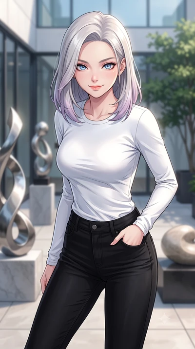 score_9, masterpiece, best quality, ultra-detailed, high-budget anime keyframe, tasteful artistic composition, Caucasian woman. close-up cowboy shot from the waist and thighs up, the character dominates the composition, filling the frame with her lar
