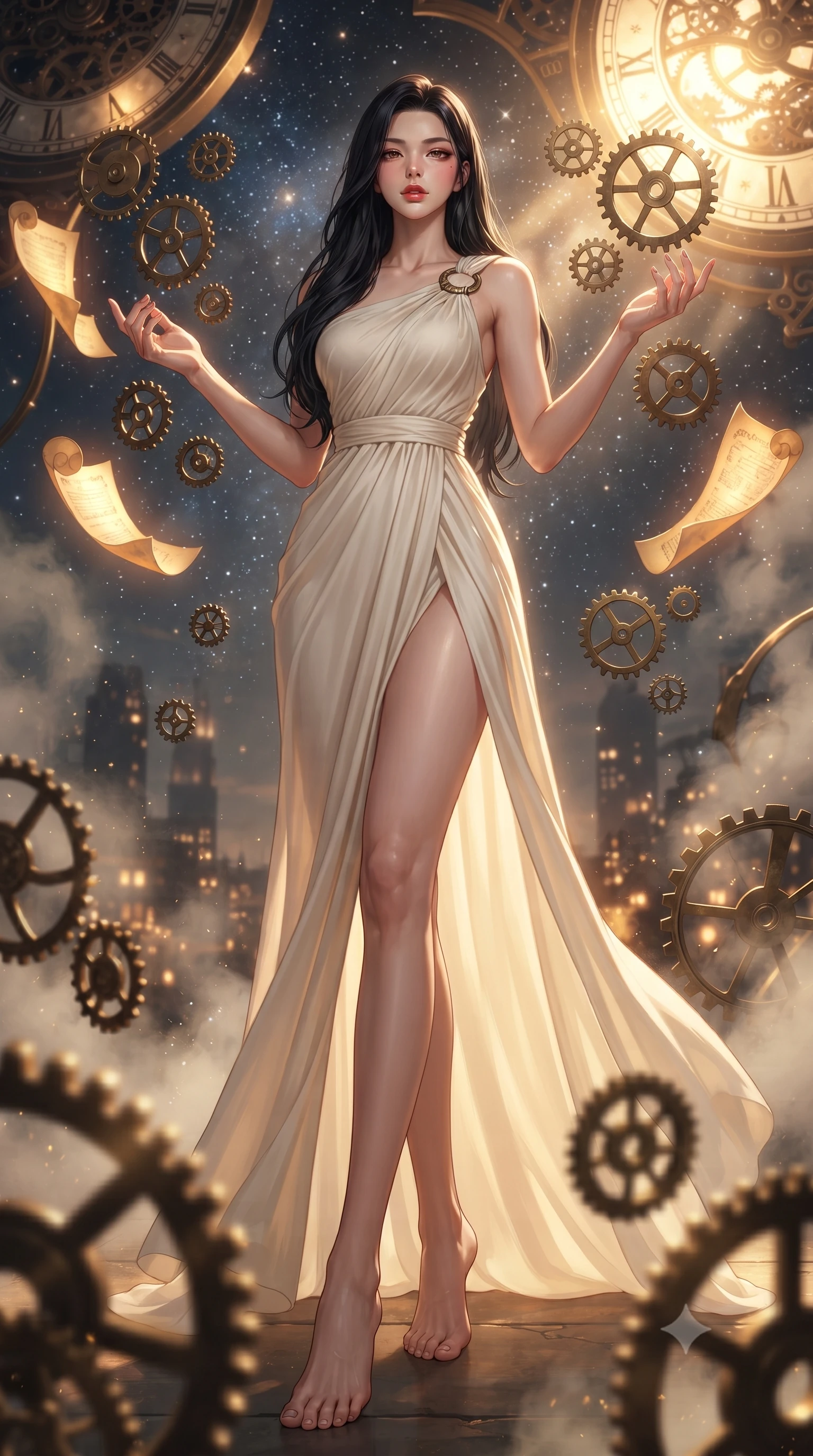 score_9, masterpiece, best quality, ultra-detailed, high-budget anime keyframe, editorial fashion photography, tasteful artistic composition, Korean woman. low angle full-body shot from head to toe showing her feet, filling the entire 9:16 vertical frame with her statuesque presence, stretching her vertical silhouette. interacting gracefully with the magical floating elements while maintaining a confident posture surrounded by floating antique brass gears and glowing golden parchment scrolls, distant starlight and city lights twinkling through steam clouds. She has an absolutely perfect, statuesque 8.5-heads proportion, an exceptionally tall and slender model-like female figure with impossibly long slender legs and an ultra-slim waist. sharp v-shaped jawline, high-bridge nose, intricate jewel-like eyes with depth, thick eyelashes, glossy lips with a natural sheen. wearing an elegant Grecian draped chiffon gown with an asymmetrical shoulder strap and ring detail, the form-contouring material highlighting her ultra-slim waist and long lines. illuminated by a brilliant golden hour glow filtering through clockwork dials. ultra-reflective glossy finish, specular highlights, metallic sheen, high-contrast stereoscopic depth, volumetric dynamic lighting, 2k, ultra detail, master piece, 9:16 ratio