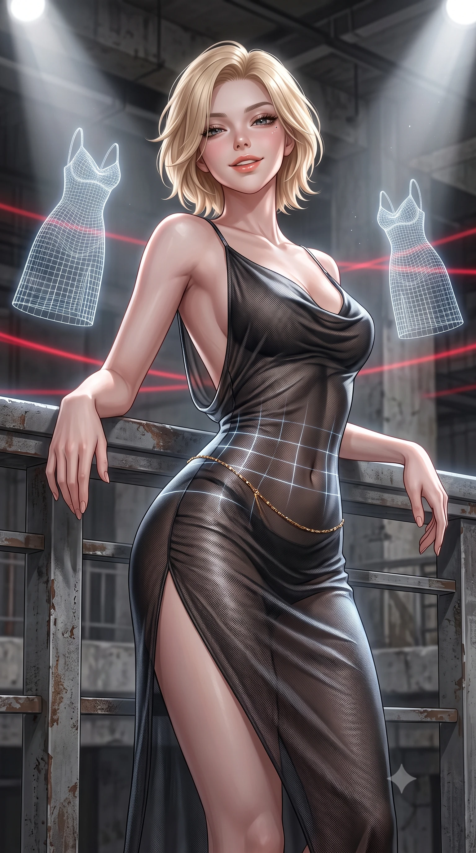 score_9, masterpiece, best quality, ultra-detailed, high-budget anime keyframe, editorial fashion photography, tasteful artistic composition, Caucasian woman. close-up cowboy shot from the waist and thighs up, the character dominates the composition, filling the frame with her large presence. leaning back against the balustrade with relaxed seductive grace, head tilted back slightly while casting a hypnotic, heavy-lidded gaze while twisting her slender torso in an alluring S-curve as holographic wireframe dresses float around her, laser grids tracing her flat midriff and hips. The surrounding environment is rendered in vivid detail and crisp panoramic clarity: detailed garment construction, tactile fabric weave, and contemporary brutalist industrial space in high resolution. She has an exceptionally elegant, slender, and willowy female figure with an ultra-slim waist, flat toned midriff, narrow ribcage, and sculpted feminine hips creating an alluring, slim hourglass silhouette without bulk. sharp v-shaped jawline, high-bridge nose, intricate jewel-like sparkling eyes with depth, thick eyelashes, glossy parted lips with a natural peach sheen, bright cheerful beaming smile with an enchanting and coquettish sensual glint, exuding both youthful cute charm and seductive allure, flawlessly proportioned anatomical accuracy, strict slender model proportions, natural body alignment, perfectly sculpted long slender limbs, ultra-slim waistline, clean dynamic posture without body distortion. wearing a form-contouring gossamer silk chiffon slip dress with a hip-high slit and open cowl back clinging with dewy moisture in matte carbon fiber black and polished chrome, woven from fine semi-opaque stretch illusion mesh tracing her slender contours, accented with a dainty gold belly chain resting across her flat midriff and curving hips, the second-skin tailored fabric adhering flawlessly to her sculpted flat midriff and slender torso, emphasizing her long leg lines and perfectly proportioned willowy build. bathed in high-contrast crisp white 5000K runway spotlights contrasted with subtle red ambient laser ribbons. ultra-reflective glossy finish, specular highlights, rich textural contrasts, high-contrast stereoscopic depth, volumetric dynamic lighting, 2k, ultra detail, master piece, 9:16 ratio