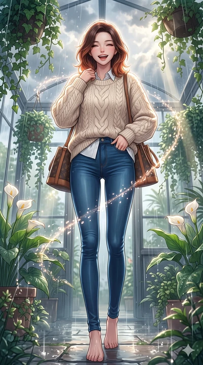 score_9, masterpiece, best quality, ultra-detailed, high-budget anime keyframe, vibrant anime aesthetic, Korean woman. low angle full-body shot from head to toe showing her feet, filling the entire 9:16 vertical frame with her statuesque presence, st