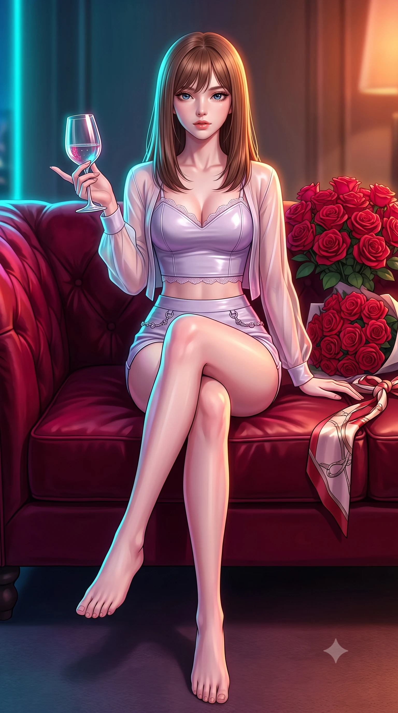 score_9, masterpiece, best quality, ultra-detailed, high-budget anime keyframe, editorial fashion photography, tasteful artistic composition, Korean woman. low angle full-body shot from head to toe showing her feet, filling the entire 9:16 vertical frame with her statuesque presence, stretching her vertical silhouette. sitting on a plush velvet sofa with her long slender legs crossed elegantly, gesturing cutely with a wine glass set against a soft-focus background of inside an exclusive penthouse suite with a bouquet of crimson roses and a silk scarf resting on the leather seat. She has an absolutely perfect, statuesque 8.5-heads proportion, an exceptionally tall and slender model-like female figure with impossibly long slender legs and an ultra-slim waist. sharp v-shaped jawline, high-bridge nose, intricate jewel-like eyes with depth, thick eyelashes, glossy lips with a natural sheen. wearing slim-fit pale lavender glossy leather delicate lace-trim crop top worn under a sheer organza cardigan with high-waist micro-shorts accented with delicate silver hardware. drenched in dramatic neon rim-lighting that traces the sleek contours of her figure. highly saturated vibrant anime colors, detailed shading with soft gradients, rich glossy textures, high-contrast stereoscopic depth, volumetric dynamic lighting, master piece, 9:16 ratio