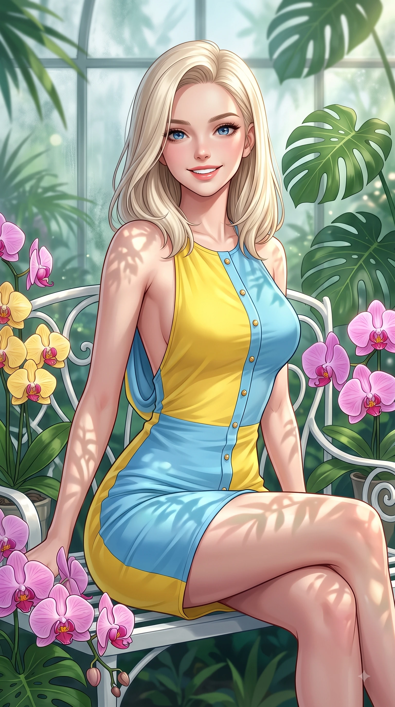 score_9, masterpiece, best quality, ultra-detailed, high-budget anime keyframe, editorial fashion photography, tasteful artistic composition, Caucasian woman. close-up cowboy shot from the waist and thighs up, the character dominates the composition, filling the frame with her large presence. Youthful bright smile exuding pure cute charm and fresh energy, her torso turning dynamically into the lens while sitting on a white iron garden bench surrounded by blooming orchids and Monstera leaves. The composition keeps background elements in soft focus with dreamy bokeh. tropical plant foliage and misty glass panes blurred into a dreamy emerald background bokeh. She has an exceptionally elegant, slender, and willowy female figure with an ultra-slim waist, a gracefully sculpted slender torso, and a refined silhouette. sharp v-shaped jawline, high-bridge nose, intricate jewel-like eyes with depth, thick eyelashes, glossy lips with a natural sheen, flawlessly proportioned anatomical accuracy, natural body alignment, perfectly sculpted elegant limbs, clean dynamic posture without body distortion. wearing a precision-fitted bodycon dress with a graceful open draped back in sunny canary yellow and clear sky blue, crafted from lightweight fluid chiffon, adorned with delicate gold buttons along the front, the sleek second-skin texture accentuating her magnetic presence. illuminated by fresh botanical sunbeams casting delicate leaf patterns. highly saturated vibrant anime colors, detailed shading with soft gradients, rich glossy textures, high-contrast stereoscopic depth, volumetric dynamic lighting, master piece, 9:16 ratio