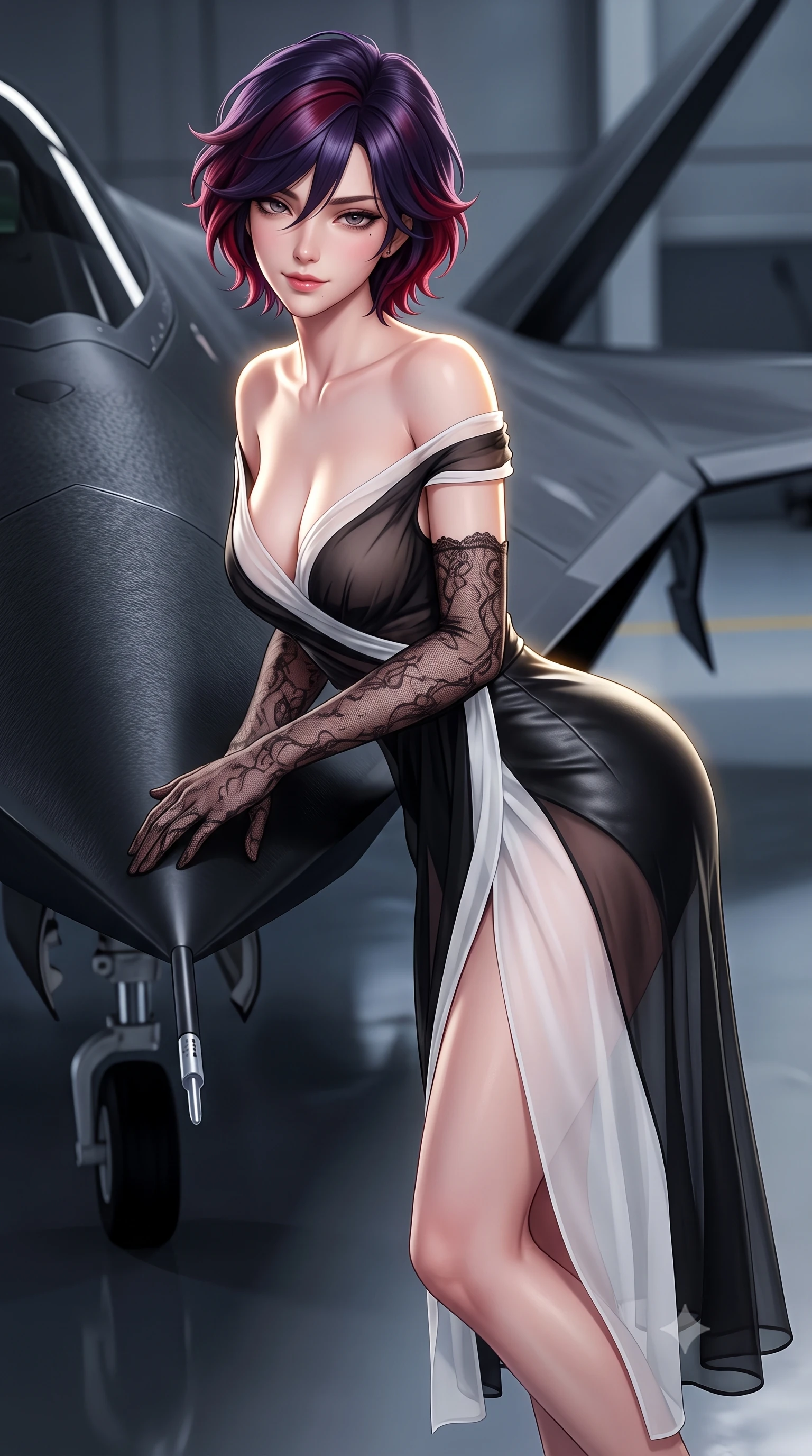 score_9, masterpiece, best quality, ultra-detailed, high-budget anime keyframe, semi-realistic 3D game render, editorial fashion photography, tasteful artistic composition, Korean woman. close-up cowboy shot from the waist and thighs up, the character dominates the composition, filling the frame with her large presence. leaning forward while arching her lower back to accentuate her curvy hips, looking into the camera with an intoxicating smoldering gaze and bedroom-eyes while leaning against the razor-sharp leading edge of a matte-black stealth drone with hips cocked back, arching her back with high-tech allure. The surrounding environment is rendered in vivid detail and crisp panoramic clarity: sharp radar-absorbent matte coating texture, drone pitot tube probe, and polished epoxy floor reflections in deep focus. She has an exceptionally elegant, slender, and willowy female figure with an ultra-slim waist, flat toned midriff, narrow ribcage, and sculpted feminine hips creating an alluring, slim hourglass silhouette without bulk. sharp v-shaped jawline, high-bridge nose, sparkling eyes with hypnotic seductive depth, thick curled eyelashes, glossy parted lips with a natural dewy peach sheen, alluring bedroom-eyes with an enchanting coquettish smile, exuding magnetic siren charisma and sophisticated glamour, flawlessly proportioned anatomical accuracy, strict slender model proportions, natural body alignment, perfectly sculpted long slender limbs, ultra-slim waistline, clean dynamic posture without body distortion. wearing a delicate sheer gossamer chiffon ballet wrap dress slipping off bare shoulders with a daring hip-high leg slit in high-contrast monochrome black and optic white, woven from buttery-soft stretch lambskin leather adhering to her body like a second skin, complemented by sheer opera-length lace evening gloves tracing her slender arms, the high-slit wrap tailoring accentuating her ultra-slim waistline and the enchanting curve of her feminine hips with alluring seductive charm. illuminated by composite wing surface bounce and sharp white-gold rim lights defining her collarbones, narrow waist, and curvy hips. highly saturated vibrant anime colors, detailed shading with soft gradients, rich glossy textures, high-contrast stereoscopic depth, volumetric dynamic lighting, master piece, 9:16 ratio