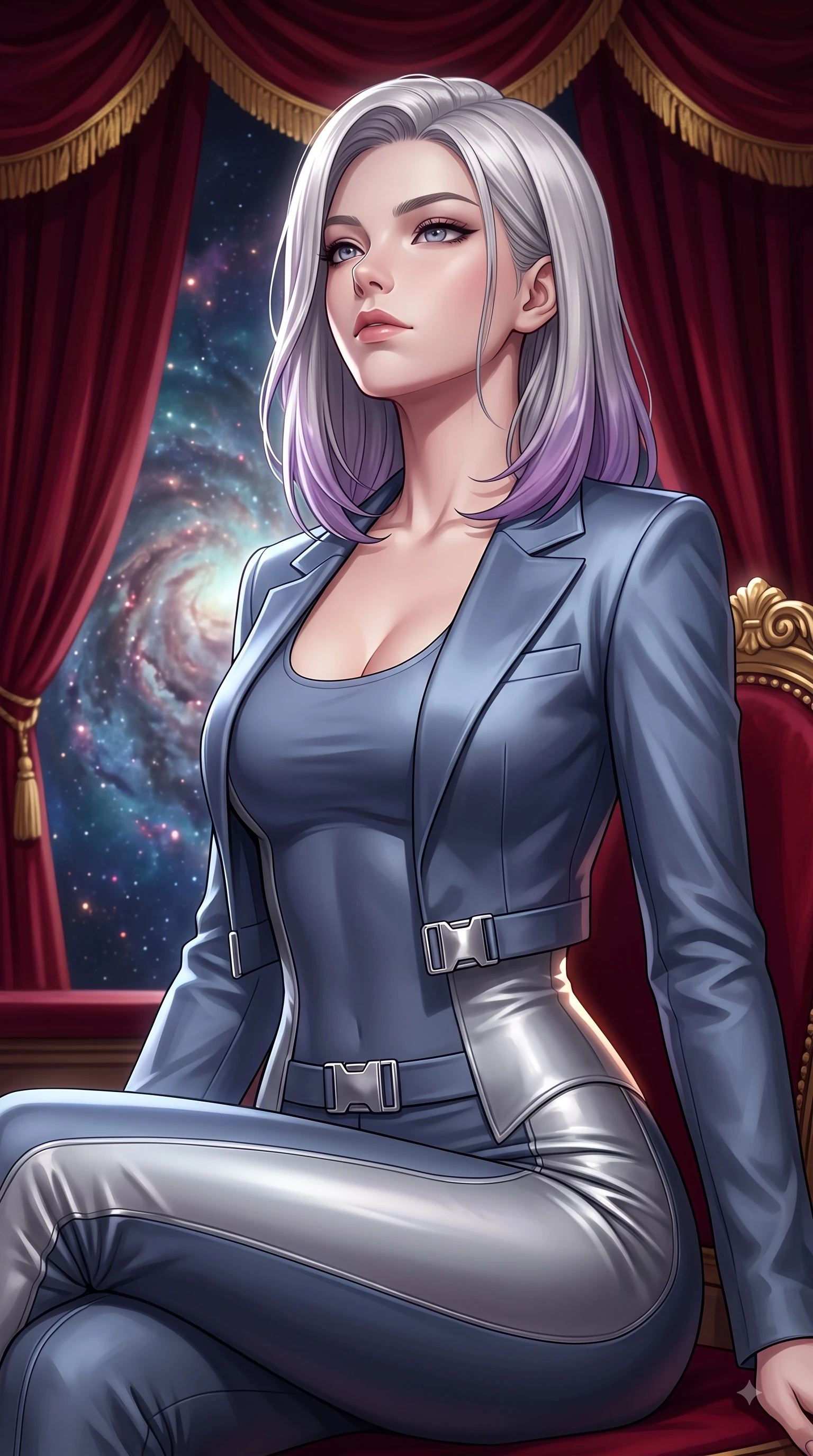 score_9, masterpiece, best quality, ultra-detailed, high-budget anime keyframe, editorial fashion photography, tasteful artistic composition, Caucasian woman. close-up cowboy shot from the waist and thighs up, the character dominates the composition, filling the frame with her large presence, background elements kept in soft focus. Tilting her chin up with composed magnetism as dramatic side lighting traces her sculpted waist and hip contour while sitting in a private opera box draped in crimson velvet, gazing over a swirling cosmic nebula, rich crimson velvet curtains catching dramatic gold-leaf trim highlights. She has an exceptionally elegant, slender, and willowy female figure with an ultra-slim waist, a gracefully sculpted slender torso, and a refined silhouette. sharp v-shaped jawline, high-bridge nose, intricate jewel-like eyes with depth, thick eyelashes, glossy lips with a natural sheen, flawlessly proportioned anatomical accuracy, natural body alignment, perfectly sculpted elegant limbs, clean dynamic posture without body distortion. wearing a tailored silk blazer over a form-contouring scoop-neck top and slacks in slate blue and metallic silver, formed from sleek second-skin neoprene, detailed with polished silver buckles along the waistline, the elegant draped fit framing her graceful clavicle and slender torso. surrounded by an opulent, dramatic opera box atmosphere with deep chiaroscuro. highly saturated vibrant anime colors, detailed shading with soft gradients, rich glossy textures, high-contrast stereoscopic depth, volumetric dynamic lighting, master piece, 9:16 ratio