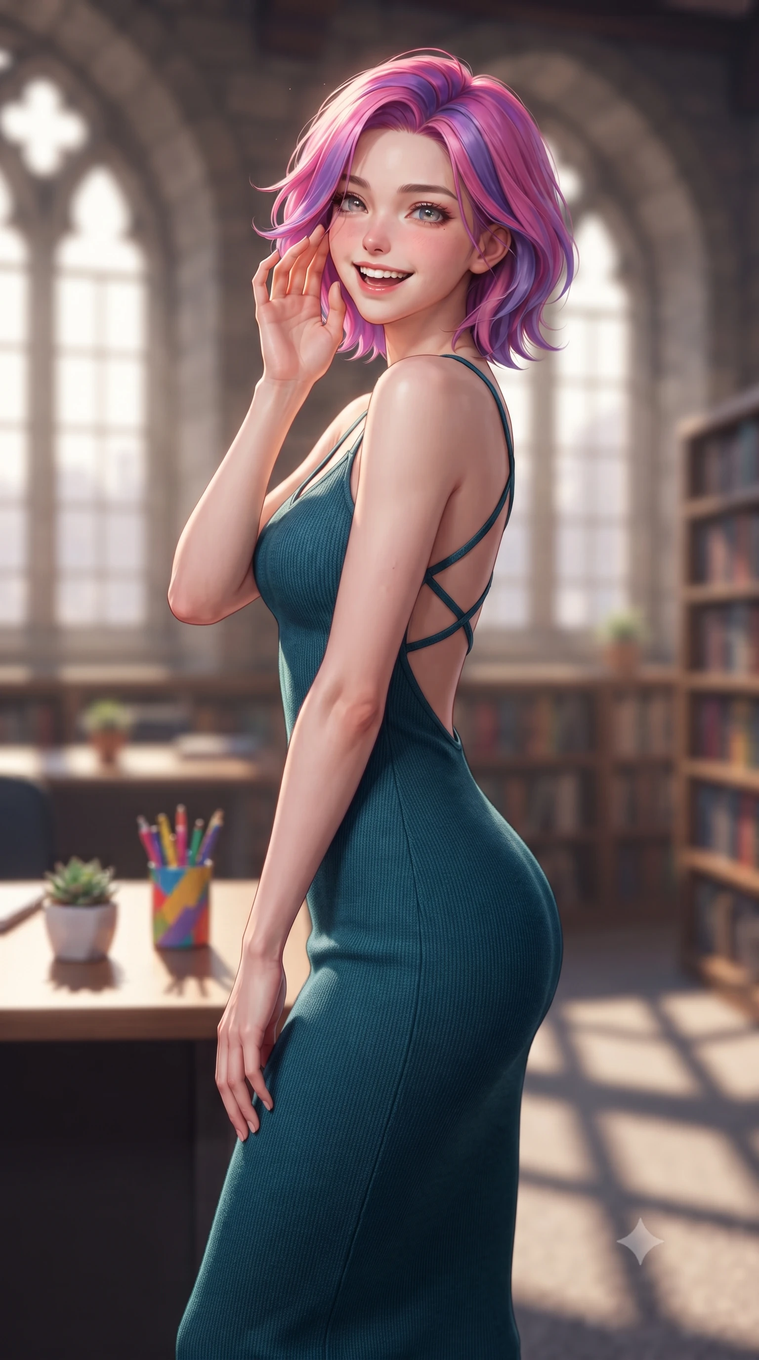 score_9, masterpiece, best quality, ultra-detailed, high-budget anime keyframe, editorial fashion photography, tasteful artistic composition, Caucasian woman. close-up cowboy shot from the waist and thighs up, the character dominates the composition, filling the frame with her large presence, background elements kept in soft focus. giggling cutely behind her hand, her eyes sparkling with joy and bright energy set against a soft-focus background of inside a historic municipal library room with arched stone windows with a tiny succulent pot and a colorful cup of pens on the desk. She has an exceptionally elegant, slender, and willowy female figure with an ultra-slim waist, a gracefully sculpted slender torso, and a refined silhouette. sharp v-shaped jawline, high-bridge nose, intricate jewel-like eyes with depth, thick eyelashes, glossy lips with a natural sheen. wearing body-hugging body-hugging knit midi dress with a tasteful open-back design and thin straps. soft morning sunbeams casting long shadows of window frames on the floor. highly saturated vibrant anime colors, detailed shading with soft gradients, rich glossy textures, high-contrast stereoscopic depth, volumetric dynamic lighting, master piece, 9:16 ratio