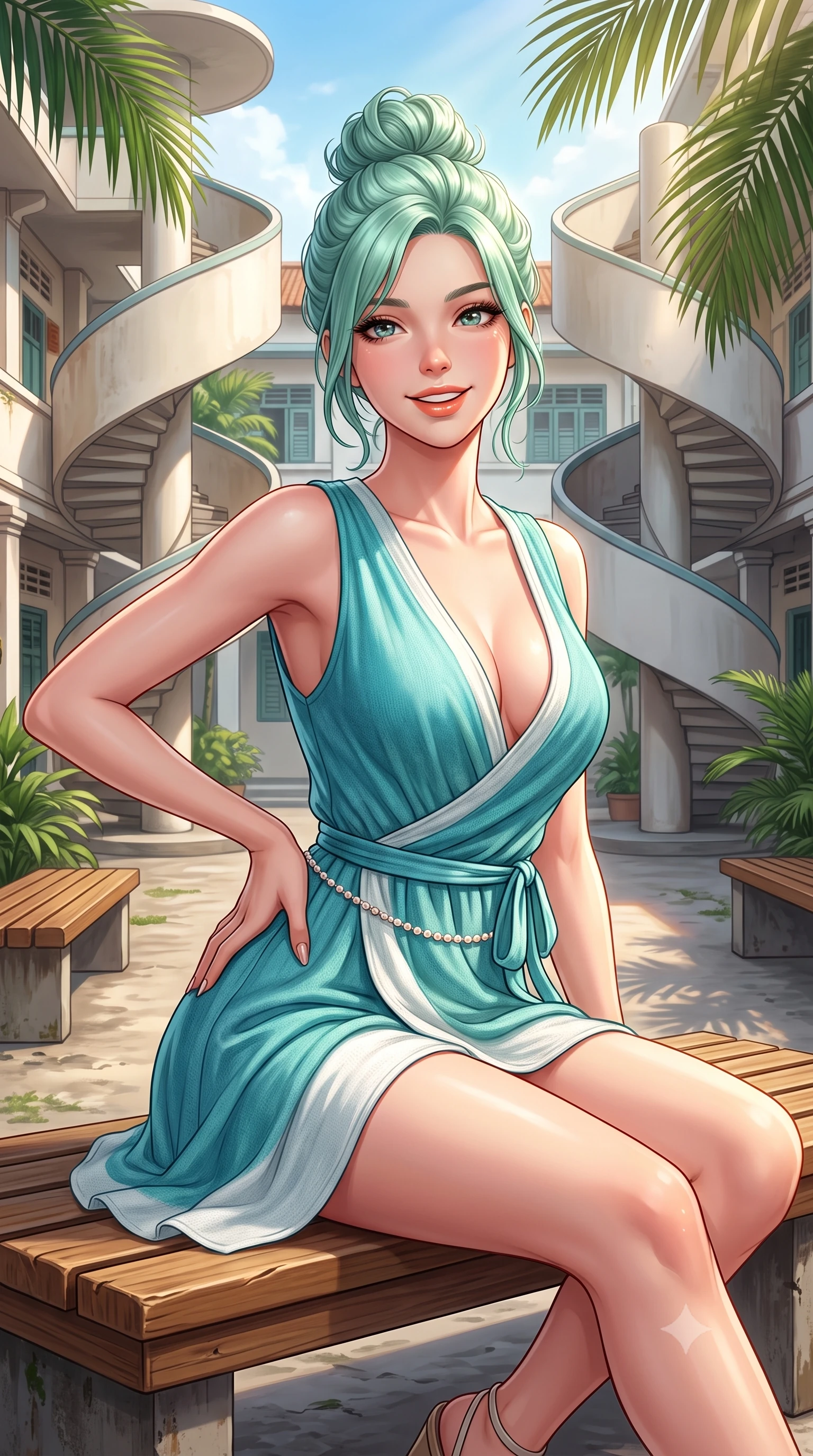score_9, masterpiece, best quality, ultra-detailed, high-budget anime keyframe, semi-realistic 3D game render, editorial fashion photography, tasteful artistic composition, Japanese woman. close-up cowboy shot from the waist and thighs up, the character dominates the composition, filling the frame with her large presence. twisting her slender torso in an alluring contrapposto stance, one hand resting on her sculpted hip while flashing a radiant, playful smile with parted glossy lips while sitting on a low teak bench in a lush tropical courtyard beneath curved Streamline Moderne spiral staircases, arching her back with a bright, charming smile. The surrounding environment is rendered in vivid detail and crisp panoramic clarity. detailed linen outfit drape, warm sunlight glints on skin, and Tiong Bahru heritage architecture in high resolution. She has an exceptionally elegant, slender, and willowy female figure with an ultra-slim waist, flat toned midriff, narrow ribcage, and sculpted feminine hips creating an alluring, slim hourglass silhouette without bulk. sharp v-shaped jawline, high-bridge nose, intricate jewel-like sparkling eyes with depth, thick eyelashes, glossy parted lips with a natural peach sheen, bright cheerful beaming smile with an enchanting and coquettish sensual glint, exuding both youthful cute charm and seductive allure, flawlessly proportioned anatomical accuracy, strict slender model proportions, natural body alignment, perfectly sculpted long slender limbs, ultra-slim waistline, clean dynamic posture without body distortion. wearing a breezy wrap mini dress with a deep V-neckline and tie-waist accentuating her sculpted flat midriff and hips in ocean turquoise and sea-salt white, crafted from soft cozy cashmere yarn with an airy drape, accented with a dainty pearl waist chain catching the ambient sunlight, the high-waisted tailoring accentuating her ultra-slim waistline and the enchanting curve of her feminine hips with alluring charm. illuminated by soft wall bounce light sharply sculpting her razor-sharp jawline, narrow waist, and curvy hips. highly saturated vibrant anime colors, detailed shading with soft gradients, rich glossy textures, high-contrast stereoscopic depth, volumetric dynamic lighting, master piece, 9:16 ratio