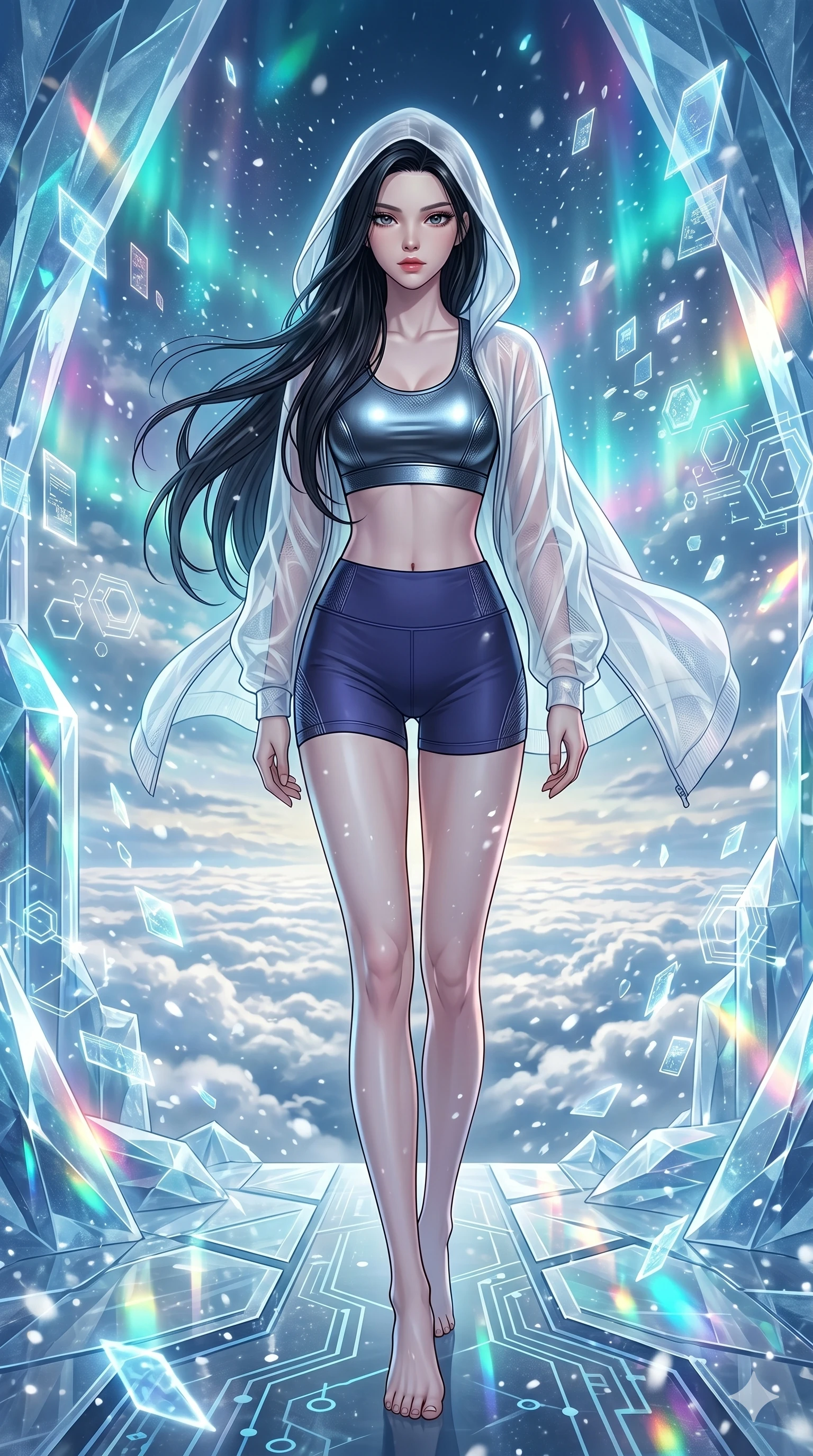 score_9, masterpiece, best quality, ultra-detailed, high-budget anime movie keyframe, cinematic anime lighting, intricate line art, Korean anime girl. Medium shot of upper body capturing the intricate details of her high-fashion attire. walking through a blizzard in a crystal palace above the clouds surrounded by floating data-shards. She has an absolutely perfect 8-heads proportion, an exceptionally tall and slender female figure with an ultra-slim waist and impossibly long slender legs. sharp v-shaped jawline, high-bridge nose, intricate jewel-like eyes, thick eyelashes, glossy lips. Wearing premium athleisure set with a metallic-finish compression top, high-cut yoga shorts that accentuate her long legs, and a sheer oversized hoodie. The scene is illuminated by dramatic atmospheric lighting and vibrant color palettes. 2k, ultra detail, master piece, 9:16 ratio