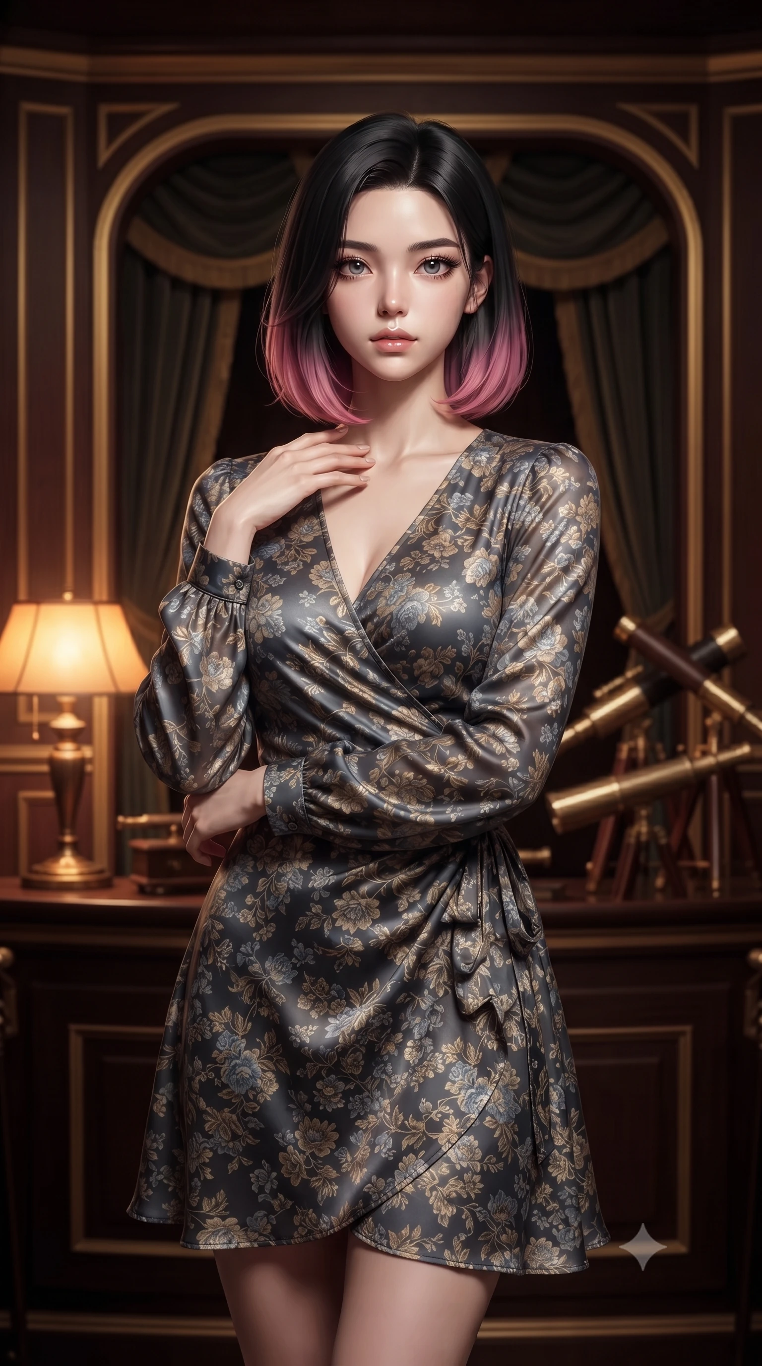 score_9, masterpiece, best quality, ultra-detailed, high-budget anime keyframe, editorial fashion photography, tasteful artistic composition, Korean woman. close-up cowboy shot from the waist and thighs up, the character dominates the composition, filling the frame with her large presence, background elements kept in soft focus. standing with one hand resting on her collarbone, looking at the viewer with bedroom-eyes the background shows a soft-focus a theater box alcove with dark wood panels and antique telescopes. She has an exceptionally elegant, slender, and willowy female figure with an ultra-slim waist, a gracefully sculpted slender torso, and a refined silhouette. sharp v-shaped jawline, high-bridge nose, intricate jewel-like eyes with depth, thick eyelashes, glossy lips with a natural sheen. wearing a body-hugging flowy floral-patterned wrap dress with long sleeves and a modest V-neck. warm amber desk lamp glow creating a quiet, intellectual ambiance. ultra-reflective glossy finish, specular highlights, metallic sheen, high-contrast stereoscopic depth, volumetric dynamic lighting, 2k, ultra detail, master piece, 9:16 ratio