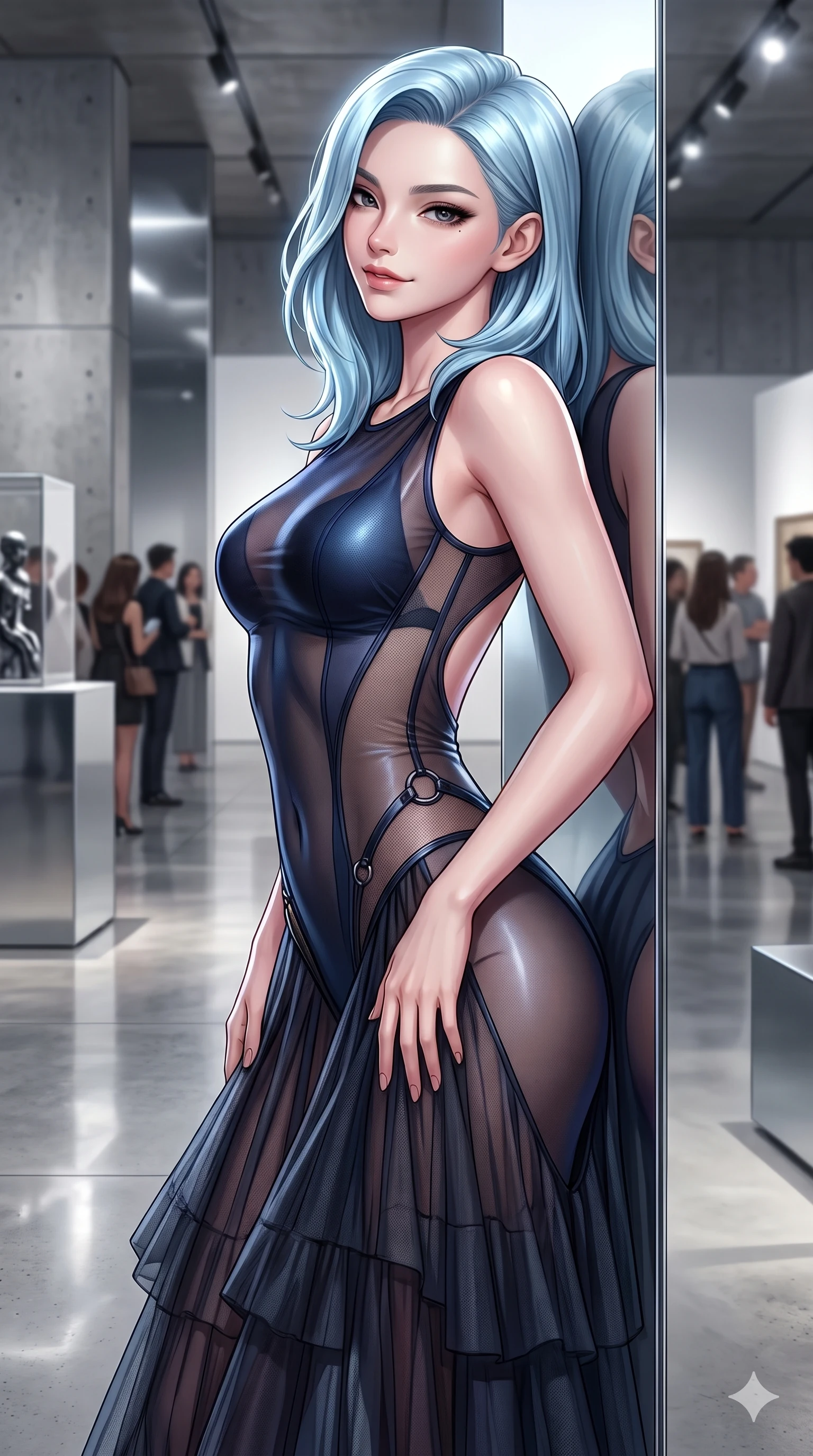 score_9, masterpiece, best quality, ultra-detailed, high-budget anime keyframe, semi-realistic 3D game render, editorial fashion photography, tasteful artistic composition, Korean woman. close-up cowboy shot from the waist and thighs up, the character dominates the composition, filling the frame with her large presence. tilting her head with a teasing half-smile, running one hand slowly down the side of her hip in a flirtatious S-curve while leaning back against the mirror-finish gallery pylon with hips cocked back, casting an intoxicating, sultry bedroom-gaze over her shoulder. The surrounding environment is rendered in vivid detail and crisp panoramic clarity: detailed tiered tulle gown tailoring, corseted waist structure, and high-fashion exhibition design in razor-sharp clarity. She has an exceptionally elegant, slender, and willowy female figure with an ultra-slim waist, flat toned midriff, narrow ribcage, and sculpted feminine hips creating an alluring, slim hourglass silhouette without bulk. sharp v-shaped jawline, high-bridge nose, intricate jewel-like dark sparkling eyes with hypnotic seductive depth, thick curled eyelashes, glossy parted lips with a natural wine sheen, alluring bedroom-eyes with an enigmatic smoldering smile, exuding magnetic sovereign charisma and dark avant-garde glamour, flawlessly proportioned anatomical accuracy, strict slender model proportions, natural body alignment, perfectly sculpted long slender limbs, ultra-slim waistline, clean dynamic posture without body distortion. wearing a delicate semi-translucent wet-look mesh bodysuit clinging sheerly to her sculpted torso and hip curves in midnight navy blue and smoky pitch black, featuring strategic sheer-illusion micro-mesh cutouts along her ribcage and hip flanks, trimmed with dark chrome ring hardware along the waist contours, the precision-cut side openings and low-back scoop framing her graceful spine and the sensual sweep of her slim, toned hips. illuminated by polished gallery floor bounce and sharp diamond-platinum rim lights sculpting her razor-sharp jawline, narrow waist, and curvy hips. highly saturated vibrant anime colors, detailed shading with soft gradients, rich glossy textures, high-contrast stereoscopic depth, volumetric dynamic lighting, master piece, 9:16 ratio