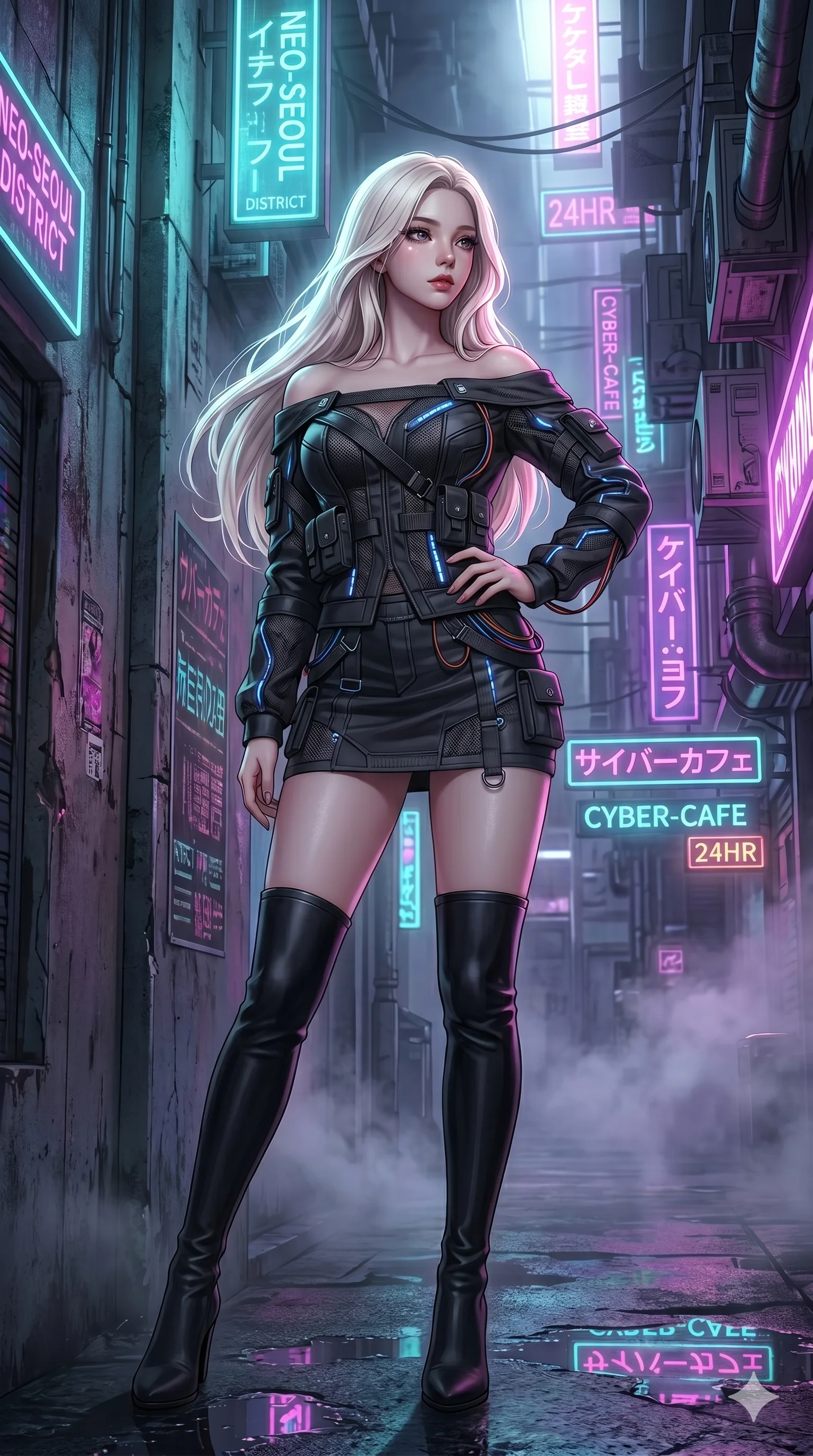 score_9, masterpiece, best quality, ultra-detailed, high-budget anime keyframe portrait, an incredibly beautiful Caucasian anime girl with pale skin anime girl. Low angle cowboy shot filling the frame. She has an absolutely perfect 8-heads proportion, an exceptionally tall female figure with long slender legs and a voluptuous body. Her face is a highly detailed masterpiece featuring a v-shaped jawline, high-bridge nose, intricate jewel-like eyes, thick eyelashes, and glossy lips. She has platinum blonde flowing hair. She is wearing a sensual off-shoulder synthetic leather jacket and a micro mini skirt, zettai ryouiki visible, highlighting her alluring silhouette. Futuristic neon alleyway, cinematic volumetric fog, dramatic rim lighting, cinematic shadows, 2k, ultra detail, master piece, 9:16 ratio