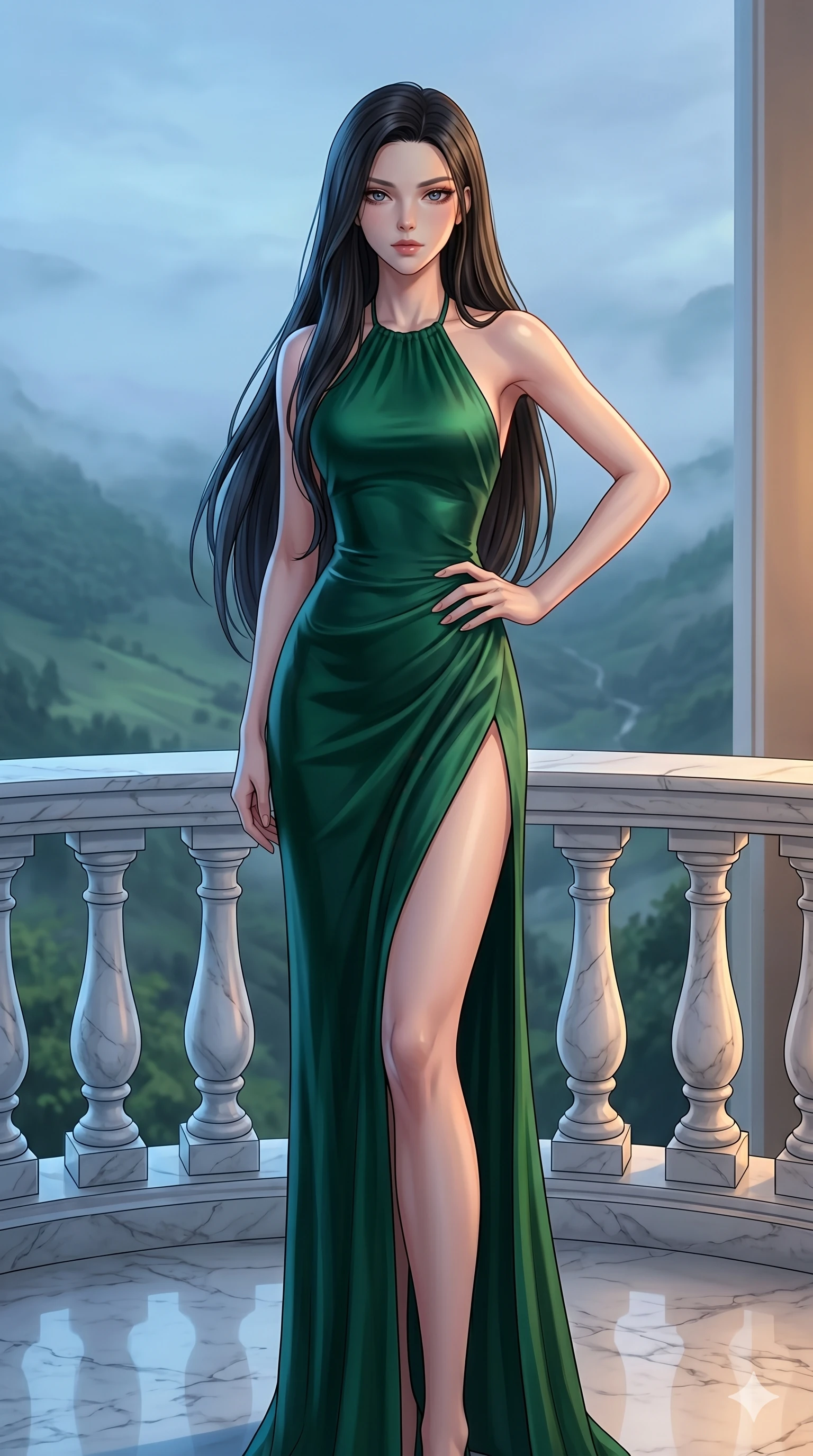 score_9, masterpiece, best quality, ultra-detailed, high-budget anime keyframe, editorial fashion photography, tasteful artistic composition, Korean woman. cowboy shot from the thighs up, character and outfit filling the frame for maximum editorial presence. resting her hand on her hip, arching her back slightly, with bedroom eyes standing on a white marble balcony overlooking a misty green valley (Code-P18-071). She has an absolutely perfect 8-heads proportion, an exceptionally tall and slender female figure with impossibly long slender legs and an ultra-slim waist. V-shaped jawline, high-bridge nose, intricate jewel-like eyes with depth, thick eyelashes, glossy lips with a natural sheen. wearing a halter neck silk gown featuring a daring high slit to mid-thigh. cool blue Earthlight mixed with warm indoor lighting, tracing the contours of her body. 2k, ultra detail, master piece, 9:16 ratio
