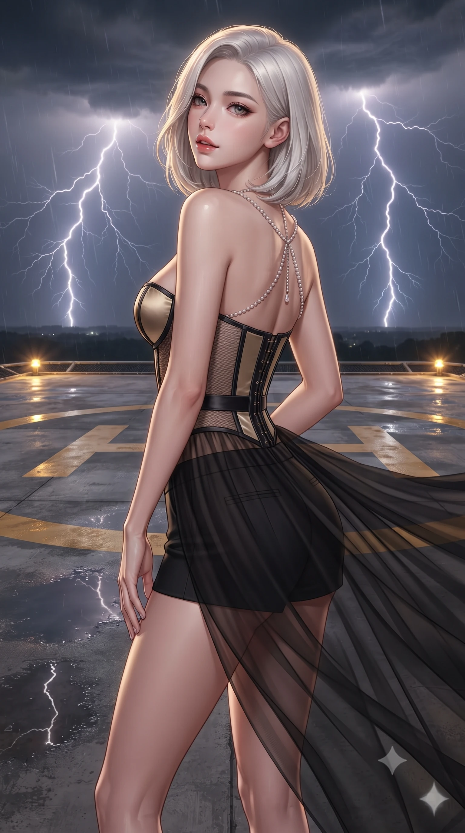 score_9, masterpiece, best quality, ultra-detailed, high-budget anime keyframe, editorial fashion photography, tasteful artistic composition, Korean woman. close-up cowboy shot from the waist and thighs up, the character dominates the composition, filling the frame with her large presence. posing in an alluring rear three-quarter angle, looking over a bare shoulder with parted glossy lips, her hips cocked back to highlight her slim hourglass curve while twisting her slender torso in an alluring S-curve, tropical night storm winds billowing her sheer cape around her long slender legs and curvy hips. The surrounding environment is rendered in vivid detail and crisp panoramic clarity: sharp concrete helipad painted gold markings, glistening rainwater puddle reflections, and lightning bolt branches in deep focus. She has an exceptionally elegant, slender, and willowy female figure with an ultra-slim waist, flat toned midriff, narrow ribcage, and sculpted feminine hips creating an alluring, slim hourglass silhouette without bulk. sharp v-shaped jawline, high-bridge nose, sparkling eyes with hypnotic seductive depth, thick curled eyelashes, glossy parted lips with a natural dewy peach sheen, alluring bedroom-eyes with an enchanting coquettish smile, exuding magnetic siren charisma and sophisticated glamour, flawlessly proportioned anatomical accuracy, strict slender model proportions, natural body alignment, perfectly sculpted long slender limbs, ultra-slim waistline, clean dynamic posture without body distortion. wearing a structured boned satin corset bodice with sheer illusion side panels paired with low-waisted tailored micro-shorts in dual-tone high-contrast gold-and-black monochrome, made of semi-opaque stretch illusion mesh with soft shadowy contours, finished with a pearl-drop body harness subtly framing her dewy collarbones and spine, the high-slit wrap tailoring accentuating her ultra-slim waistline and the enchanting curve of her feminine hips with alluring seductive charm. bathed in golden helipad perimeter beacon lights combined with sudden lightning flash strobes. ultra-reflective glossy finish, specular highlights, rich textural contrasts, high-contrast stereoscopic depth, volumetric dynamic lighting, 2k, ultra detail, master piece, 9:16 ratio