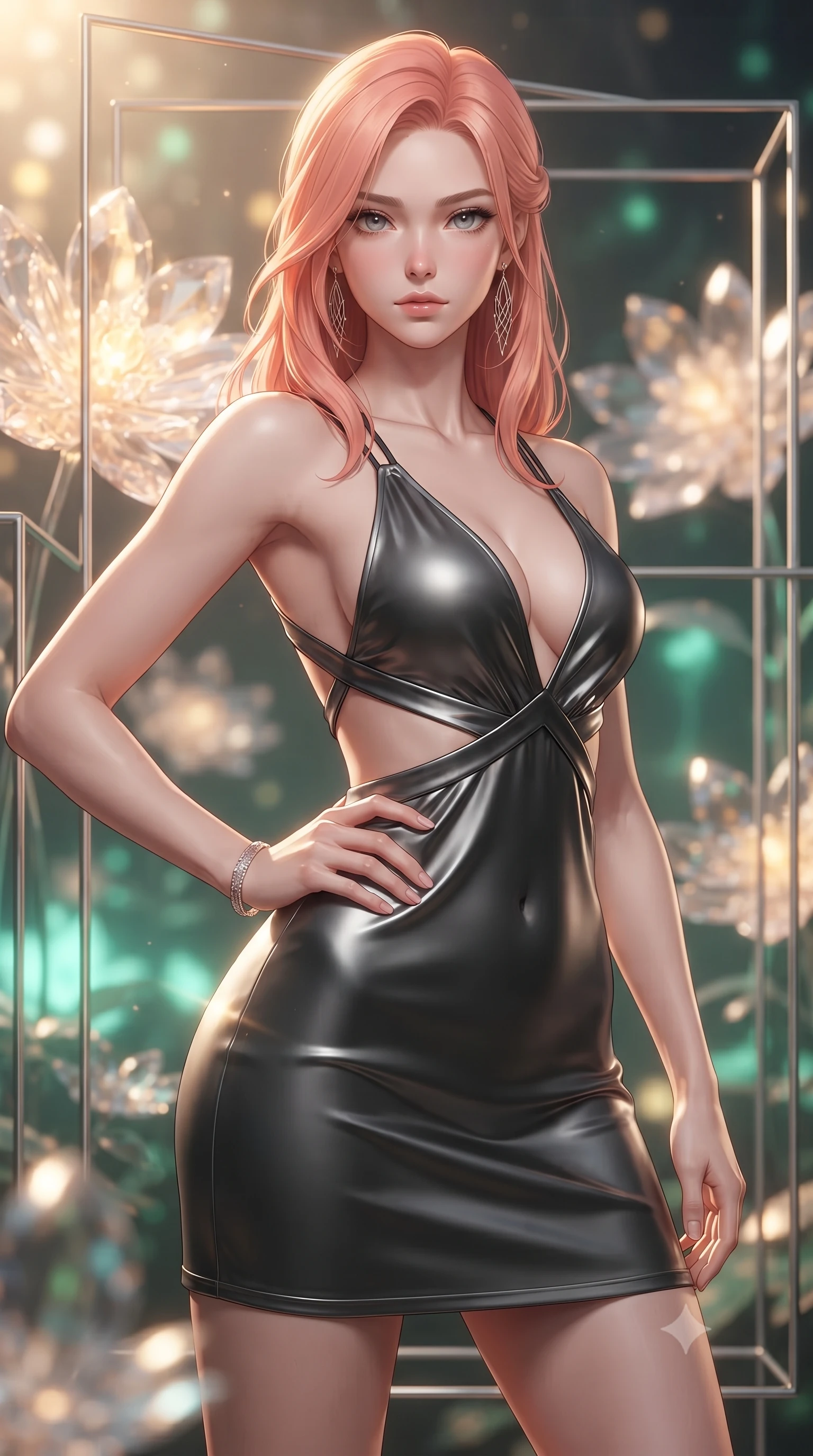 score_9, masterpiece, best quality, ultra-detailed, high-budget anime keyframe, editorial fashion photography, tasteful artistic composition, Japanese woman. close-up cowboy shot from the waist and thighs up, the character dominates the composition, filling the frame with her large presence, background elements kept in soft focus. Holding a powerful dynamic pose with one hand on her hip and body angled dramatically toward the key light while pivoting dynamically near a solar-powered crystal blossom emitting warm ambient sunbursts, sleek platinum wire lattices creating clean architectural line frames. She has an exceptionally elegant, slender, and willowy female figure with an ultra-slim waist, a gracefully sculpted slender torso, and a refined silhouette. sharp v-shaped jawline, high-bridge nose, intricate jewel-like eyes with depth, thick eyelashes, glossy lips with a natural sheen, flawlessly proportioned anatomical accuracy, natural body alignment, perfectly sculpted elegant limbs, clean dynamic posture without body distortion. wearing a liquid mercury gloss mini dress with ultra-deep V-neck and waist cutouts in matte black and polished silver, crafted from lustrous satin jersey with fluid draping, complemented by criss-cross back straps highlighting her bare shoulders, the elegant draped fit framing her graceful clavicle and slender torso. bathed in warm golden sunlight and soft emerald bioluminescent glow. ultra-reflective glossy finish, specular highlights, metallic sheen, high-contrast stereoscopic depth, volumetric dynamic lighting, 2k, ultra detail, master piece, 9:16 ratio