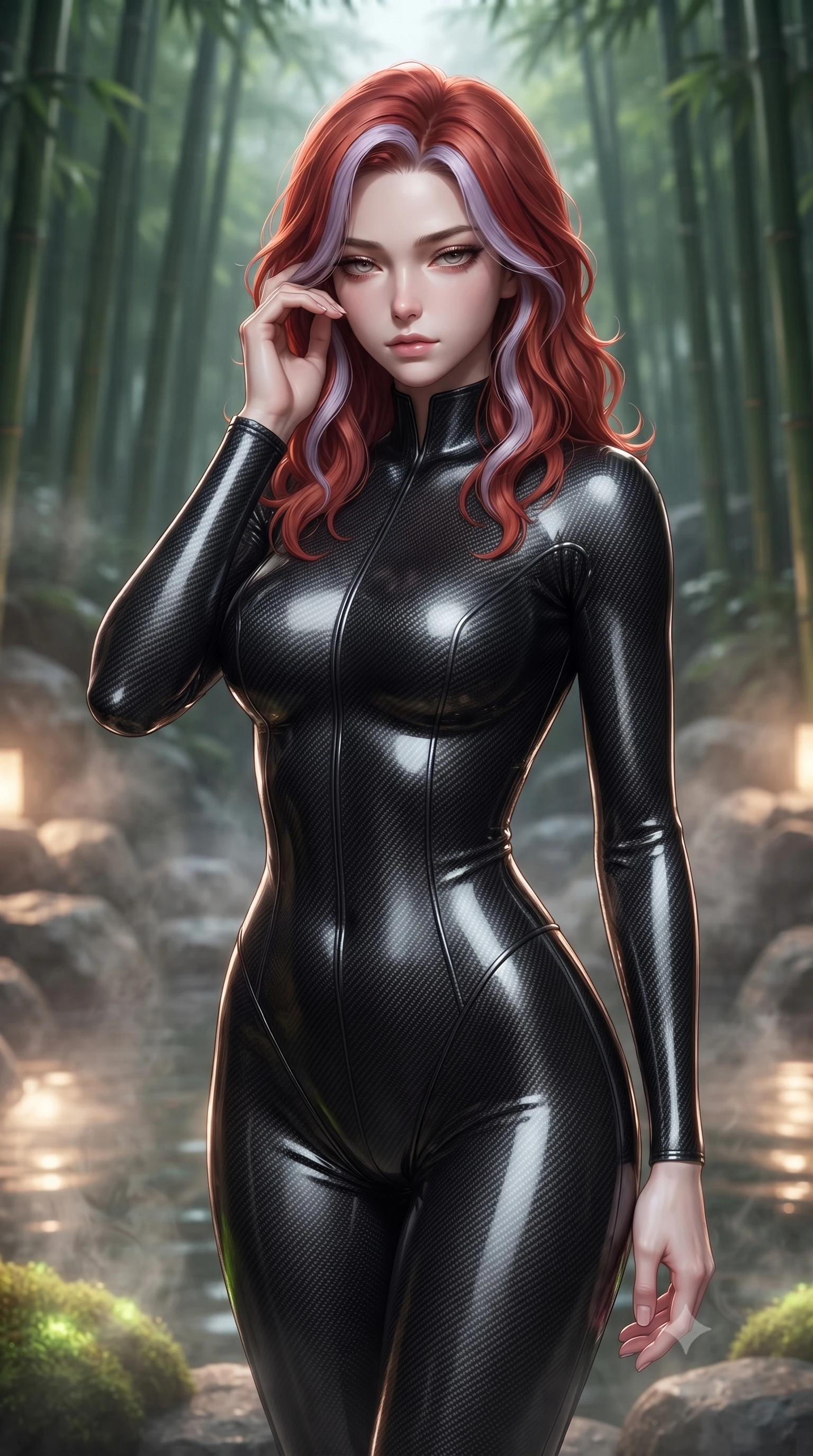 score_9, masterpiece, best quality, ultra-detailed, high-budget anime keyframe, editorial fashion photography, tasteful artistic composition, Caucasian woman. close-up cowboy shot from the waist and thighs up, the character dominates the composition, filling the frame with her large presence, background elements kept in soft focus. gently touching the side of her temple, casting a heavy-lidded, sultry look past the camera, the background shows a soft-focus a rock garden hot spring inside a bamboo grove, with warm water and steam. She has an exceptionally elegant, slender, and willowy female figure with an ultra-slim waist, a gracefully sculpted slender torso, and a refined silhouette. sharp v-shaped jawline, high-bridge nose, intricate jewel-like eyes with depth, thick eyelashes, glossy lips with a natural sheen. wearing a slim-fit skin-tight carbon-fiber pattern pilot bodysuit with a high-gloss finish, tracing every contour of her slender silhouette. soft flickering light from glowing moss reflecting on the water surface. ultra-reflective glossy finish, specular highlights, metallic sheen, high-contrast stereoscopic depth, volumetric dynamic lighting, 2k, ultra detail, master piece, 9:16 ratio