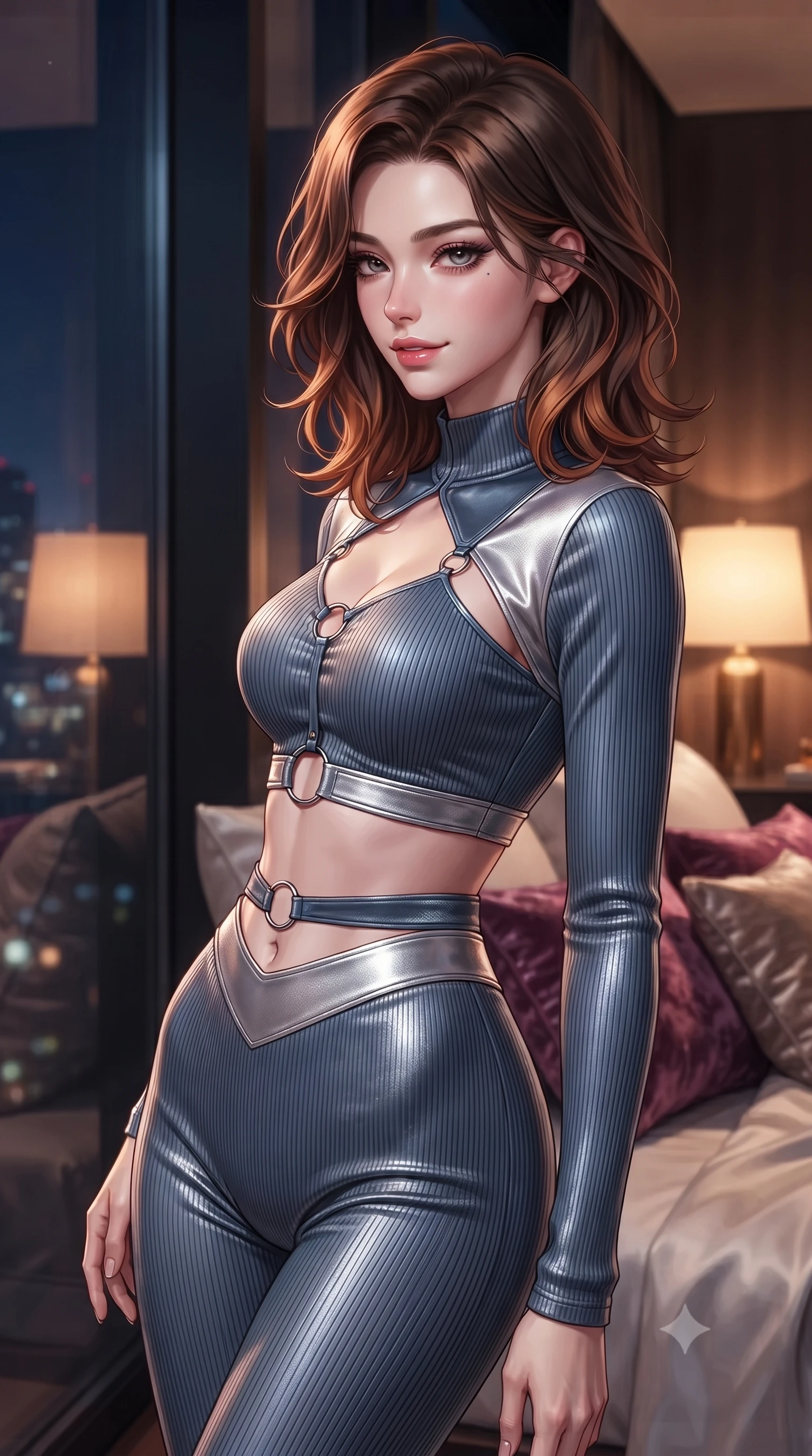 score_9, masterpiece, best quality, ultra-detailed, high-budget anime keyframe, editorial fashion photography, tasteful artistic composition, Korean woman. close-up cowboy shot from the waist and thighs up, the character dominates the composition, filling the frame with her large presence, background elements kept in soft focus. Glancing sidelong over her shoulder with a smoldering half-smile and heavy lashes leaning against a floor-to-ceiling panoramic glass window at midnight, rich silk sheets and crushed velvet cushions reflecting warm ambient lamps. She has an exceptionally elegant, slender, and willowy female figure with an ultra-slim waist, a gracefully sculpted slender torso, and a refined silhouette. sharp v-shaped jawline, high-bridge nose, intricate jewel-like eyes with depth, thick eyelashes, glossy lips with a natural sheen. wearing a form-fitting ribbed activewear set with collar cutouts in slate blue and metallic silver, made of premium stretch velvet with a rich sheen, accented with delicate chrome ring hardware framing her waist, the glove-like fit emphasizing her statuesque silhouette. surrounded by a cozy, intimate glow with smooth high-contrast shading. highly saturated vibrant anime colors, detailed shading with soft gradients, rich glossy textures, high-contrast stereoscopic depth, volumetric dynamic lighting, master piece, 9:16 ratio