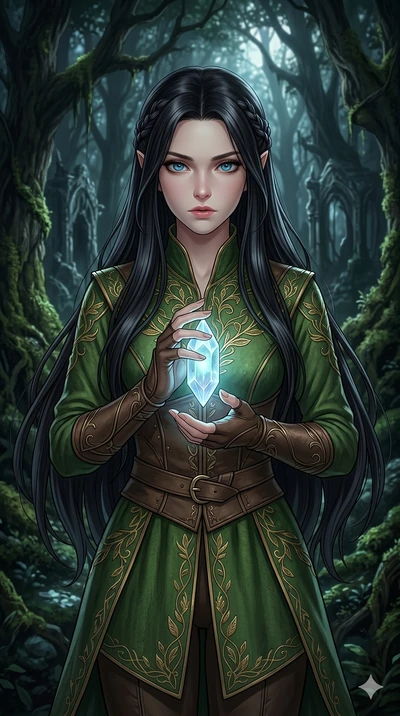 score_9, score_8_up, score_7_up, source_anime, masterpiece, best quality, ultra-detailed, same character with long flowing black hair, wearing a green elven ranger tunic, upper body close-up from thigh up filling the screen, holding a small glowing c