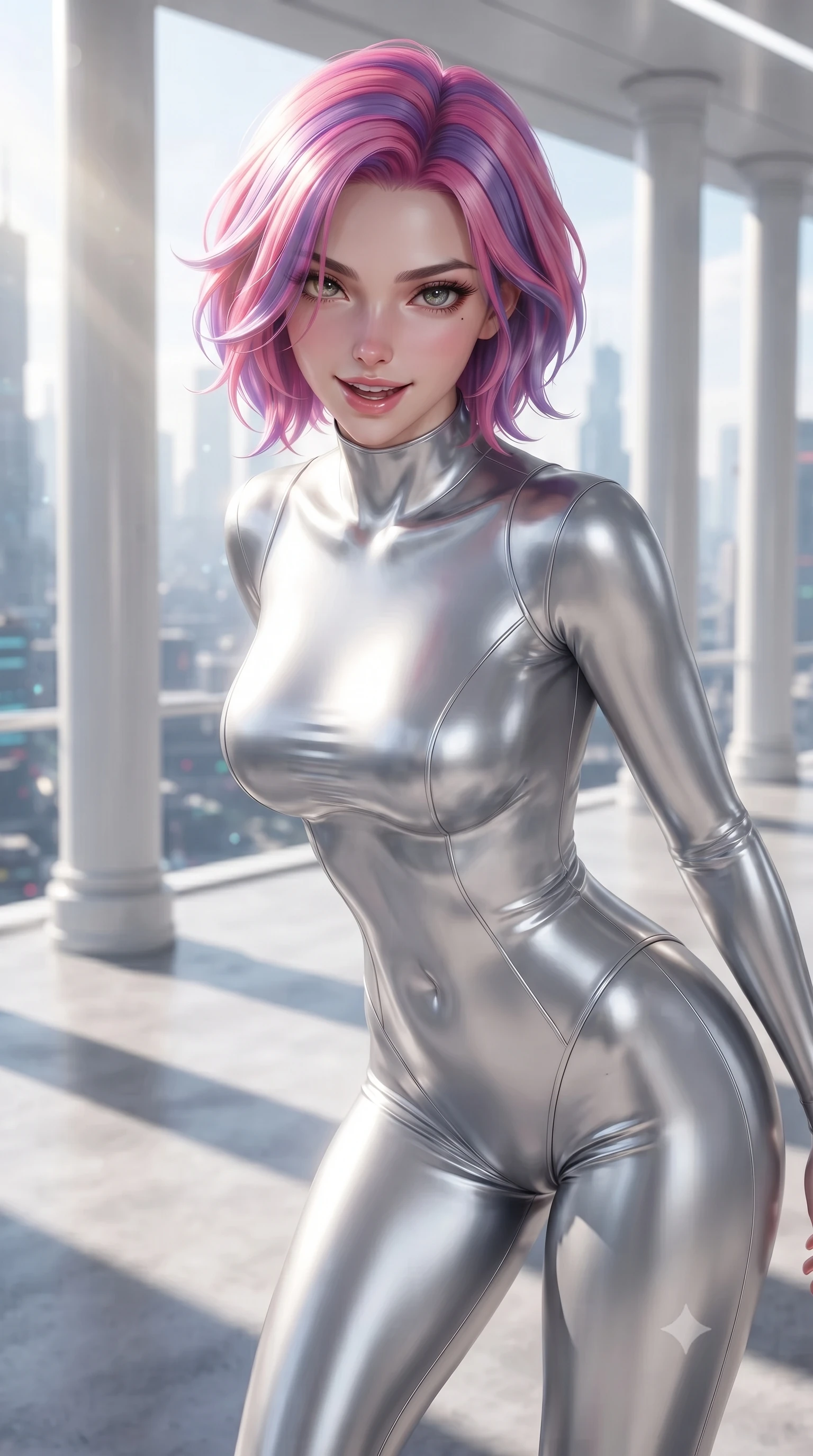 score_9, masterpiece, best quality, ultra-detailed, high-budget anime keyframe, editorial fashion photography, tasteful artistic composition, Caucasian woman. close-up cowboy shot from the waist and thighs up, the character dominates the composition, filling the frame with her large presence, background elements kept in soft focus. leaning slightly forward with a playful, teasing smile, her gaze locked onto the viewer with lips parted in a composed pose, the background shows a soft-focus a quantum core cleanroom veranda with white columns overlooking a high-tech city. She has an exceptionally elegant, slender, and willowy female figure with an ultra-slim waist, a gracefully sculpted slender torso, and a refined silhouette. sharp v-shaped jawline, high-bridge nose, intricate jewel-like eyes with depth, thick eyelashes, glossy lips with a natural sheen. wearing a slim-fit form-contouring liquid silver space flight under-suit, contouring her athletic, slender build. bright morning sun rays creating fresh and energetic shadows on the concrete. ultra-reflective glossy finish, specular highlights, metallic sheen, high-contrast stereoscopic depth, volumetric dynamic lighting, 2k, ultra detail, master piece, 9:16 ratio