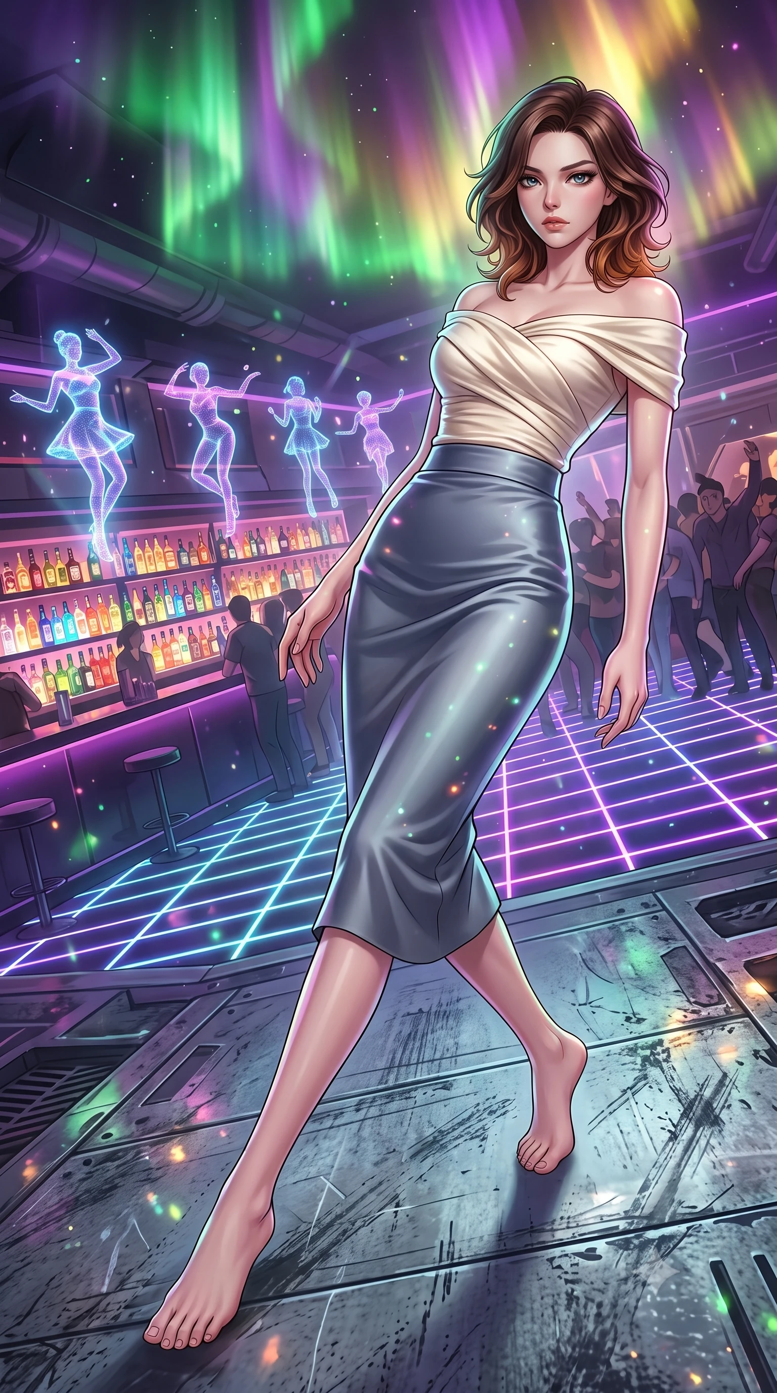 score_9, masterpiece, best quality, ultra-detailed, high-budget anime keyframe, editorial fashion photography, tasteful artistic composition, Korean woman. low angle full-body shot from head to toe showing her feet, filling the entire 9:16 vertical frame with her statuesque presence, stretching her vertical silhouette. skidding across a metal flight deck as the starship tilts violently during battle inside a crowded underground bar with a neon grid dance floor, holographic dancers floating above a bar lined with colorful glowing bottles. She has a statuesque 8.5-heads proportion, an exceptionally tall, slender and willowy model-like build with impossibly long legs and a highly sculpted ultra-slim waist. sharp v-shaped jawline, high-bridge nose, intricate jewel-like eyes with depth, thick eyelashes, glossy lips with a natural sheen. wearing catching and diffusing the glowing particles, shimmering softly in response to the surrounding light, a body-hugging draped off-shoulder top in cream silk, tucked into a high-waisted slate grey satin midi skirt. highly saturated vibrant anime colors, intense vivid color palette, soft 3D volumetric shading, volumetric dynamic lighting, illuminated by a shifting aurora palette of green violet and gold from above. 2k, ultra detail, master piece, 9:16 ratio