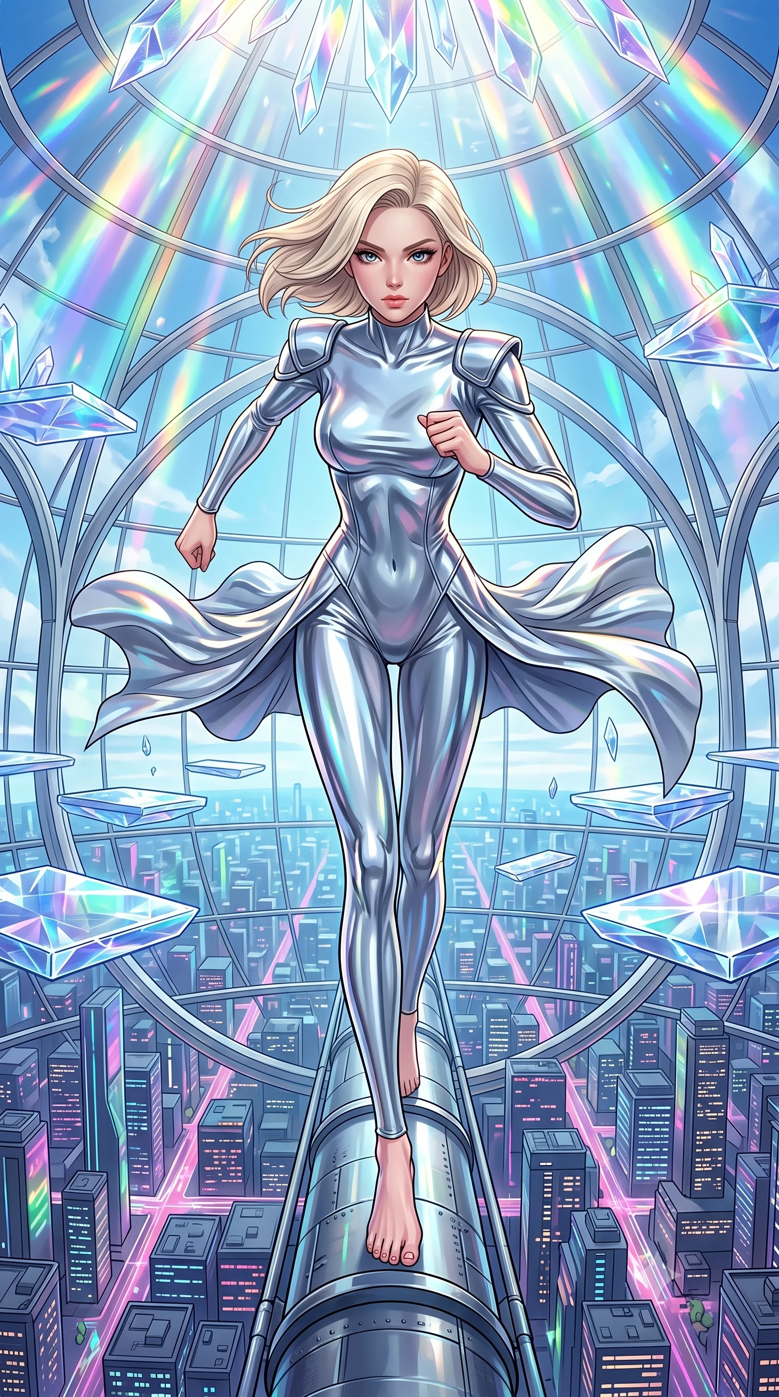 score_9, masterpiece, best quality, ultra-detailed, high-budget anime keyframe, editorial fashion photography, tasteful artistic composition, Caucasian woman, strictly human ears. low angle full-body shot from head to toe showing her feet, filling the entire 9:16 vertical frame with her statuesque presence, stretching her vertical silhouette. dashing forward aggressively along a narrow pipe high above the neon city grid through a giant spherical glass atrium filled with floating platforms and silver architectural arches. She has a statuesque 8.5-heads proportion, an exceptionally tall, slender and willowy model-like build with impossibly long legs and a highly sculpted ultra-slim waist. sharp v-shaped jawline, high-bridge nose, intricate jewel-like eyes with depth, thick eyelashes, glossy lips with a natural sheen. wearing the lightweight fabric rippling and billowing dramatically with her movement, a form-contouring body-hugging silver liquid-mercury catsuit featuring a high mock neck, showcasing her athletic frame with structured shoulder guards. highly saturated vibrant anime colors, intense vivid color palette, soft 3D volumetric shading, volumetric dynamic lighting, cascading rainbow prismatic light refracting through crystal formations overhead. 2k, ultra detail, master piece, 9:16 ratio