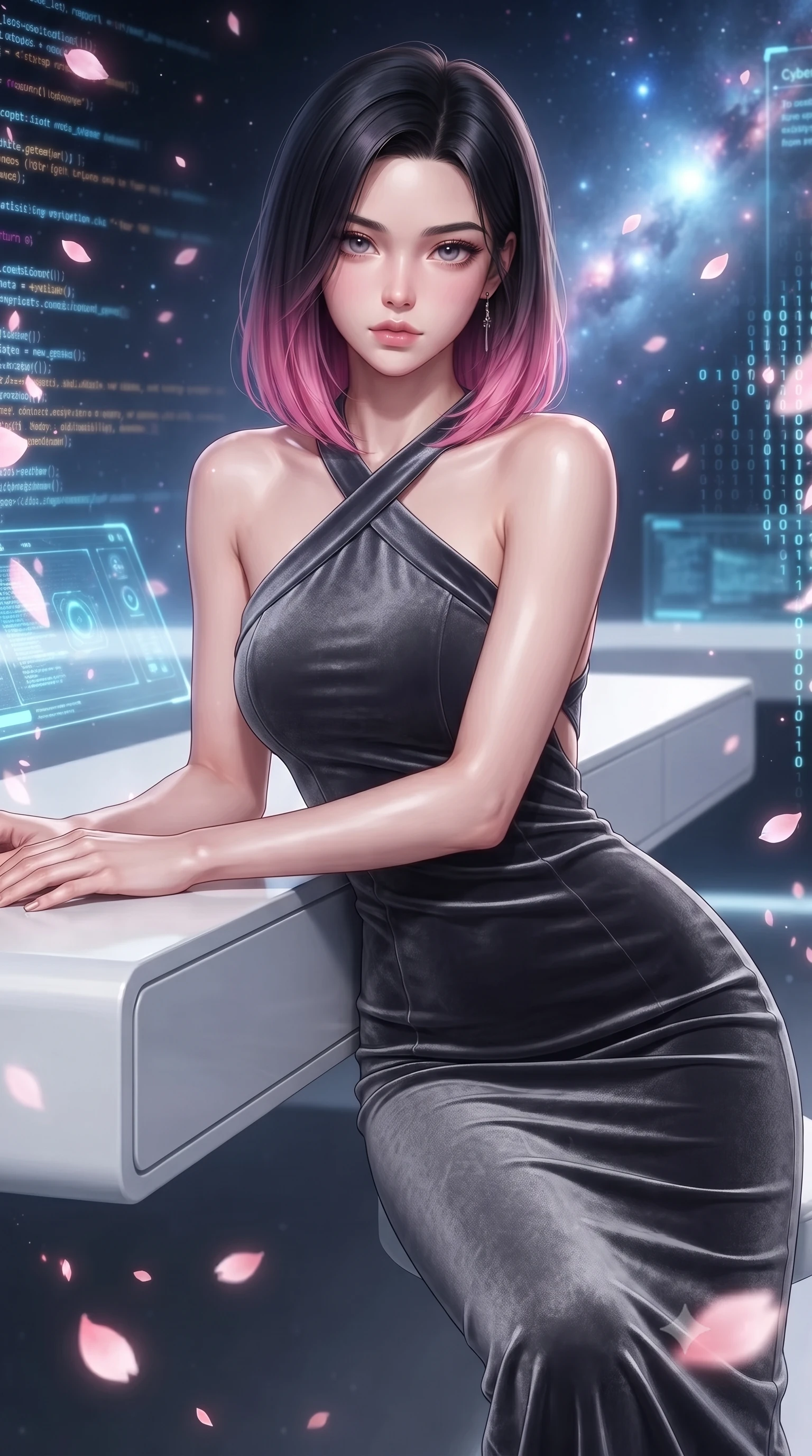 score_9, masterpiece, best quality, ultra-detailed, high-budget anime keyframe, editorial fashion photography, tasteful artistic composition, Korean woman. close-up cowboy shot from the waist and thighs up, the character dominates the composition, filling the frame with her large presence, background elements kept in soft focus. Leaning slightly forward with a composed, seductive gaze under soft glowing light resting on a sleek white floating console amidst glowing code streams, floating digital sakura petals flickering into binary code sparks. She has an exceptionally elegant, slender, and willowy female figure with an ultra-slim waist, a gracefully sculpted slender torso, and a refined silhouette. sharp v-shaped jawline, high-bridge nose, intricate jewel-like eyes with depth, thick eyelashes, glossy lips with a natural sheen. wearing a velvet halter-neck midi dress following her form like a glove in charcoal grey and platinum, formed from sleek second-skin neoprene, complemented by criss-cross back straps highlighting her bare shoulders, the sleek second-skin texture accentuating her magnetic presence. illuminated by radiant cosmic nebula light and glowing holographic displays. highly saturated vibrant anime colors, detailed shading with soft gradients, rich glossy textures, high-contrast stereoscopic depth, volumetric dynamic lighting, master piece, 9:16 ratio