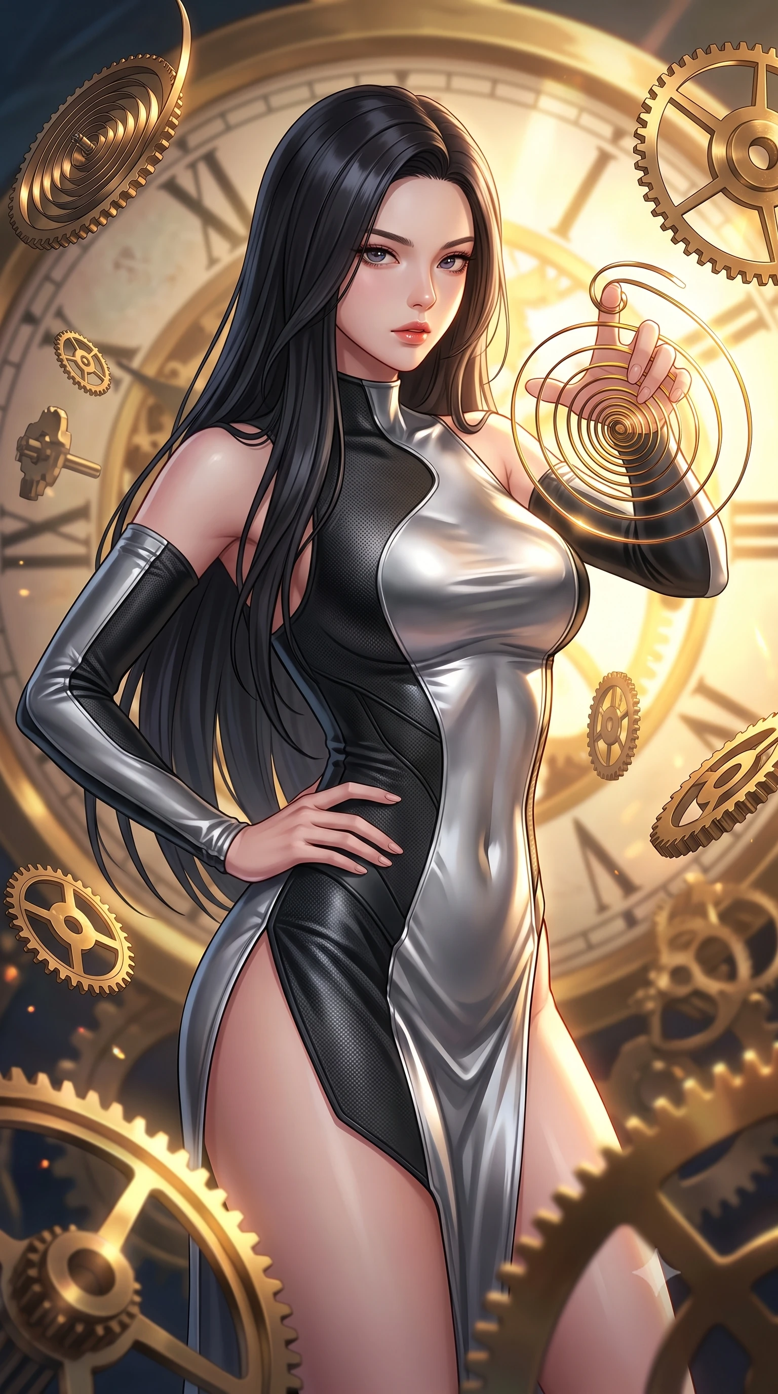 score_9, masterpiece, best quality, ultra-detailed, high-budget anime keyframe, editorial fashion photography, tasteful artistic composition, Korean woman. close-up cowboy shot from the waist and thighs up, the character dominates the composition, filling the frame with her large presence, background elements kept in soft focus. Holding a powerful dynamic pose with one hand on her hip and body angled dramatically toward the key light while reaching forward to adjust a glowing clockwork spring wire in a storm of gear parts, floating brass gears and clocksprings casting intricate metallic reflections. She has an exceptionally elegant, slender, and willowy female figure with an ultra-slim waist, a gracefully sculpted slender torso, and a refined silhouette. sharp v-shaped jawline, high-bridge nose, intricate jewel-like eyes with depth, thick eyelashes, glossy lips with a natural sheen, flawlessly proportioned anatomical accuracy, natural body alignment, perfectly sculpted elegant limbs, clean dynamic posture without body distortion. wearing an asymmetrical high-cut tech-bodysuit with detached sleeves in matte black and polished silver, crafted from smooth liquid silk, finished with a sleek side slit ascending to mid-thigh, the sleek second-skin texture accentuating her magnetic presence. illuminated by a brilliant golden hour glow filtering through clockwork dials. highly saturated vibrant anime colors, detailed shading with soft gradients, rich glossy textures, high-contrast stereoscopic depth, volumetric dynamic lighting, master piece, 9:16 ratio