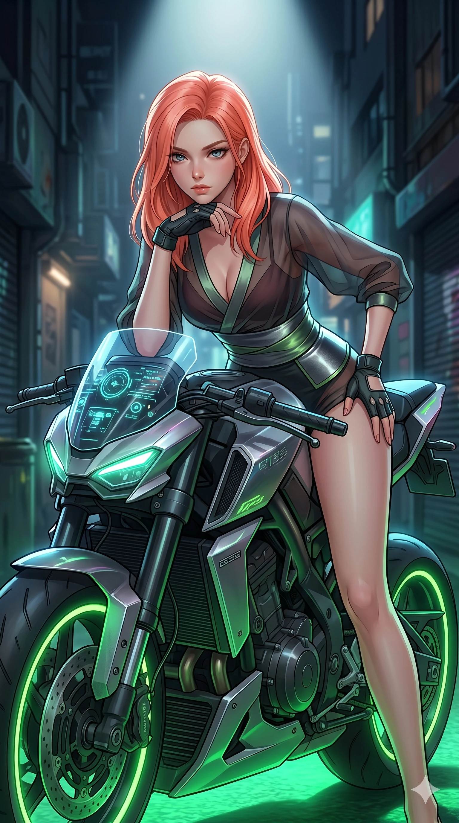 score_9, masterpiece, best quality, ultra-detailed, high-budget anime keyframe, editorial fashion photography, tasteful artistic composition, Japanese woman. Upper body close-up from the thighs up, character filling the screen for maximum presence. She is leaning over a sleek, glowing holographic cyberpunk motorcycle. She rests her chin on the handlebars, looking directly at the camera with an intense, sultry gaze. She has an absolutely perfect 8-heads proportion, an exceptionally tall and slender female figure with impossibly long slender legs and an ultra-slim waist. V-shaped jawline, high-bridge nose, intricate jewel-like eyes with depth, thick eyelashes, glossy lips with a natural sheen. She is wearing a shortened cyber-fusion wrap top with transparent chiffon panels, a deep crossover neckline, and a high-waisted metallic sash that accentuates her ultra-slim waist. The scene is lit by the neon green wheels of the bike and a bright overhead studio spotlight. 2k, ultra detail, master piece, 9:16 ratio