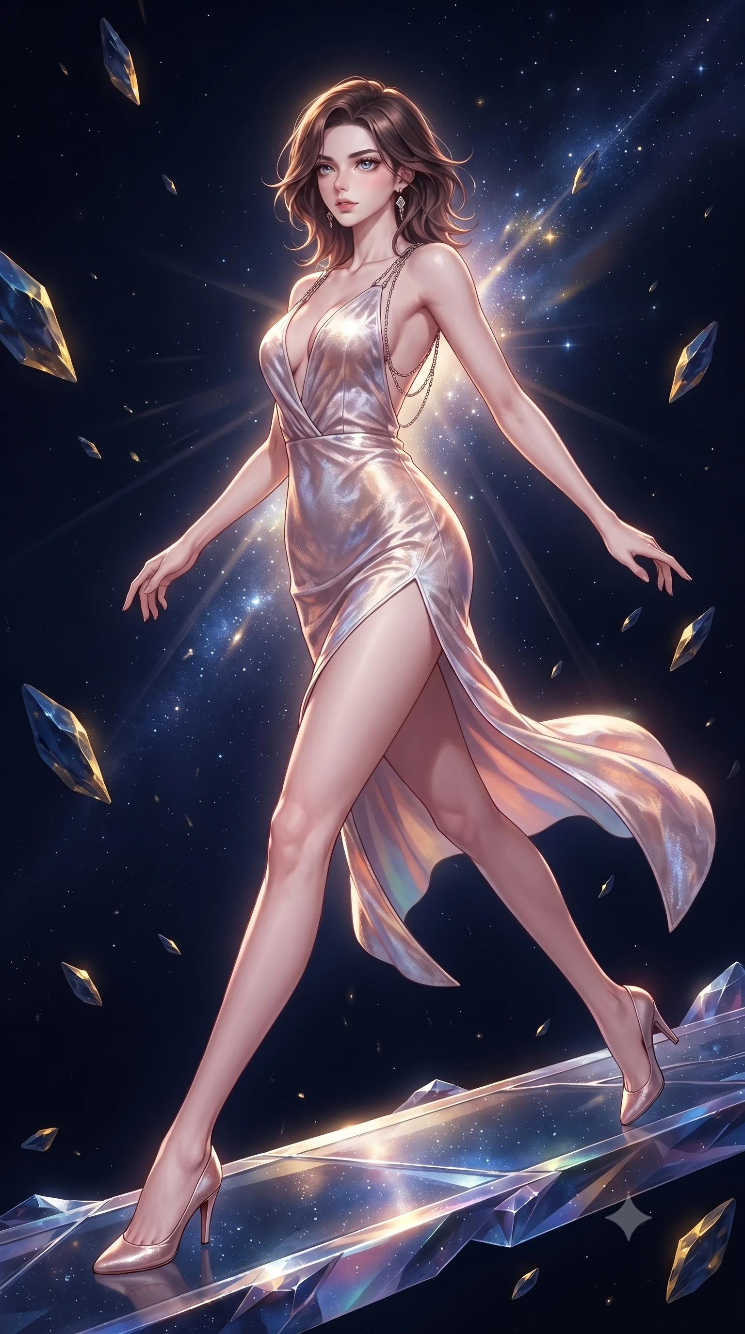 score_9, masterpiece, best quality, ultra-detailed, high-budget anime keyframe, editorial fashion photography, tasteful artistic composition, Korean woman. low angle full-body shot from head to toe showing her feet, filling the entire 9:16 vertical frame with her statuesque presence, stretching her vertical silhouette. leaping gracefully through the environment with statuesque elegance and long slender legs stepping along a crystalline cosmic bridge in deep space, floating meteor shards reflecting deep navy and gold hues. She has an absolutely perfect, statuesque 8.5-heads proportion, an exceptionally tall and slender model-like female figure with impossibly long slender legs and an ultra-slim waist. sharp v-shaped jawline, high-bridge nose, intricate jewel-like eyes with depth, thick eyelashes, glossy lips with a natural sheen. wearing a backless crushed velvet gown with a deep V-neckline and high thigh slit in pearl white and rose gold, crafted from iridescent chiffon that shifts colors in the light, adorned with delicate metallic chain straps along the neckline, the tailored fabric tightly following every curve of her athletic build. surrounded by a glowing aura of starlight and shimmering celestial rays. highly saturated vibrant anime colors, detailed shading with soft gradients, rich glossy textures, high-contrast stereoscopic depth, volumetric dynamic lighting, master piece, 9:16 ratio