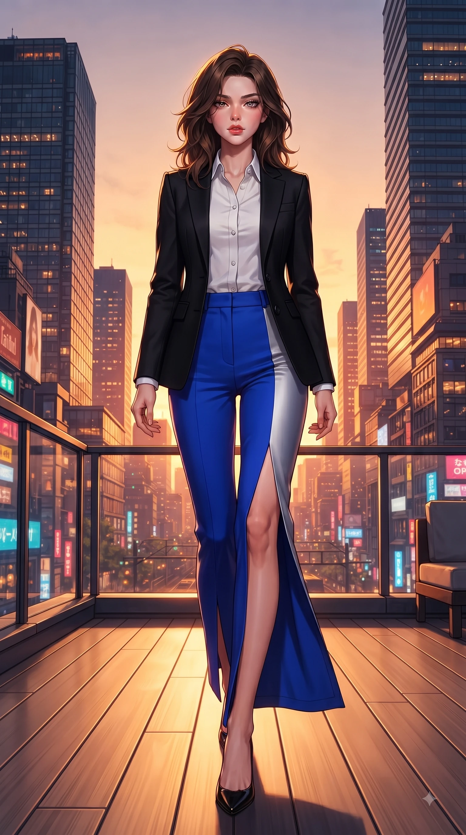 score_9, masterpiece, best quality, ultra-detailed, high-budget anime keyframe, editorial fashion photography, tasteful artistic composition, Korean woman. low angle full-body shot from head to toe showing her feet, filling the entire 9:16 vertical frame with her statuesque presence, stretching her vertical silhouette. Seductively magnetic look casting a fiery side-gaze with full glossy lips and smoldering glamour while walking down a sunlit rooftop deck as golden hour light paints the modern city towers. The surrounding environment is rendered in vivid detail and crisp panoramic clarity. intricate city skyline details, twilight sky gradients, and modern architectural lines in high clarity. She has an absolutely perfect, statuesque 8.5-heads proportion, an exceptionally tall and slender model-like female figure with impossibly long slender legs and an ultra-slim waist. sharp v-shaped jawline, high-bridge nose, intricate jewel-like eyes with depth, thick eyelashes, glossy lips with a natural sheen, flawlessly proportioned anatomical accuracy, natural body alignment, perfectly sculpted elegant limbs, clean dynamic posture without body distortion. wearing a sleek jet black tailored blazer over a crisp white button-down and trousers in electric cobalt blue and polished silver accent, tailored from structured wool crepe with clean lines, finished with a sleek side slit ascending to mid-thigh, the sleek second-skin fit accentuating her magnetic presence. bathed in dramatic golden hour sunset glow and vibrant urban night lights. ultra-reflective glossy finish, specular highlights, metallic sheen, high-contrast stereoscopic depth, volumetric dynamic lighting, 2k, ultra detail, master piece, 9:16 ratio
