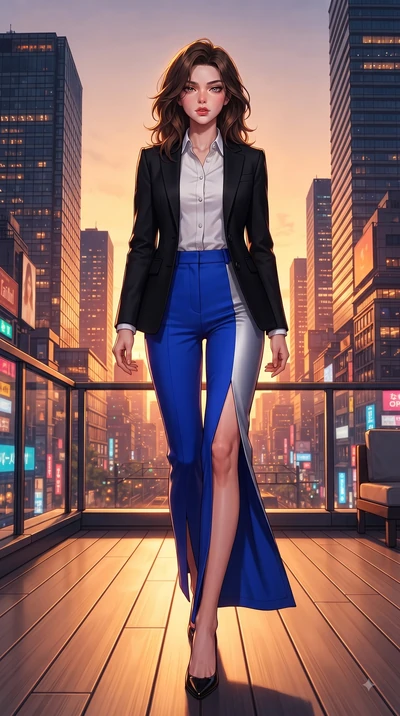 score_9, masterpiece, best quality, ultra-detailed, high-budget anime keyframe, editorial fashion photography, tasteful artistic composition, Korean woman. low angle full-body shot from head to toe showing her feet, filling the entire 9:16 vertical f