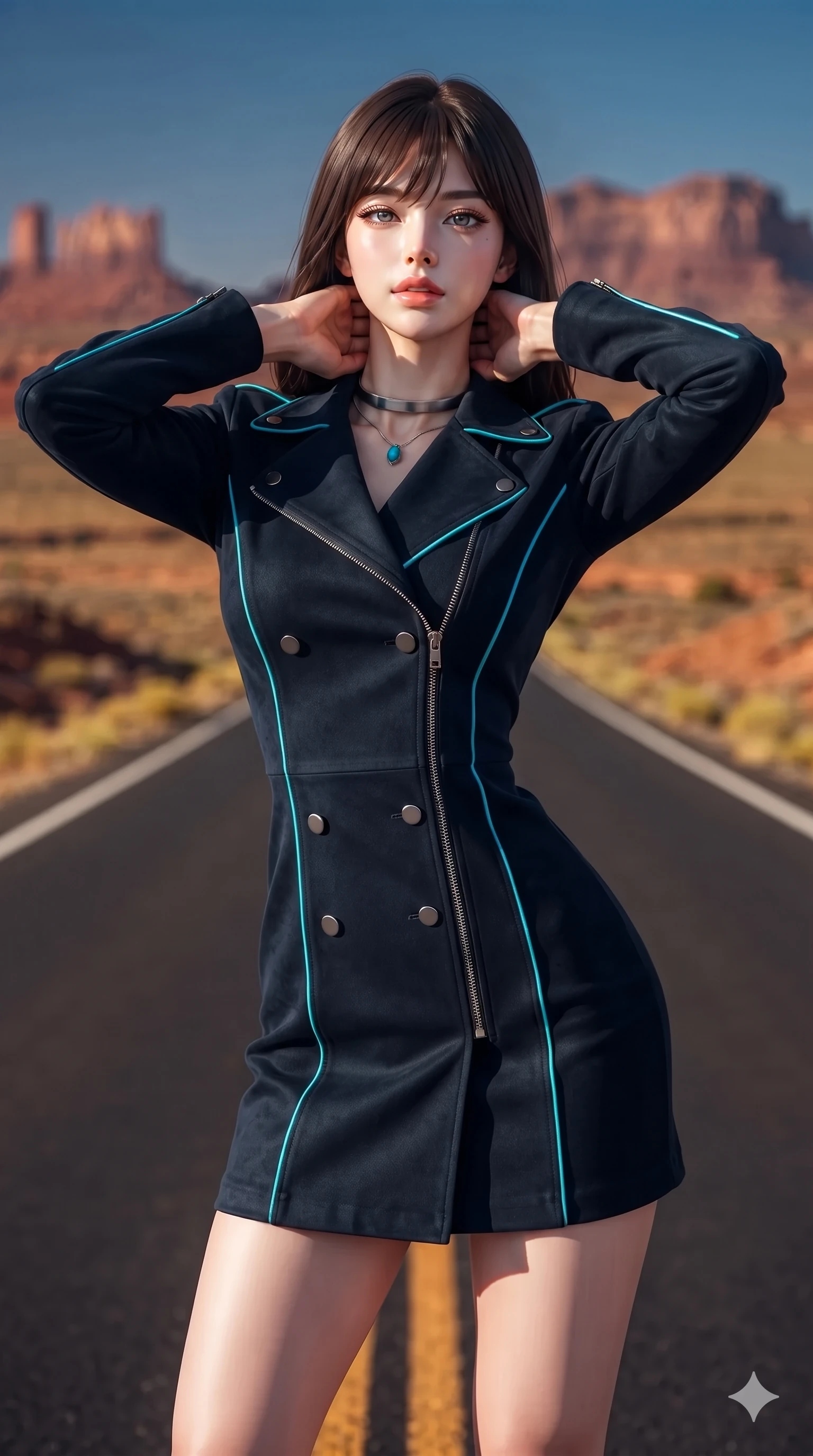score_9, masterpiece, best quality, ultra-detailed, high-budget anime keyframe, editorial fashion photography, tasteful artistic composition, Korean woman. close-up cowboy shot from the waist and thighs up, the character dominates the composition, filling the frame with her large presence. resting both hands lightly behind her neck with elbows raised, arching her spine to highlight her narrow waist, flat midriff, and breathtaking collarbones while standing poised in the middle of the empty highway, arching her lower back with sovereign supermodel grace as iconic sandstone buttes tower in the golden distance. The background shows a soft-focus iconic red sandstone mittens and buttes, endless vanishing two-lane blacktop road, and golden desert scrub blurred into terracotta, ochre, and deep blue bokeh. She has an exceptionally elegant, slender, and willowy female figure with an ultra-slim waist, flat toned midriff, narrow ribcage, and sculpted feminine hips creating an alluring, slim hourglass silhouette without bulk. sharp v-shaped jawline, high-bridge nose, sparkling eyes with hypnotic seductive depth, thick curled eyelashes, glossy parted lips with a natural dewy peach sheen, alluring bedroom-eyes with an enchanting coquettish smile, exuding magnetic siren charisma and sophisticated glamour, flawlessly proportioned anatomical accuracy, strict slender model proportions, natural body alignment, perfectly sculpted long slender limbs, ultra-slim waistline, clean dynamic posture without body distortion. wearing a structured double-breasted desert moto-coat dress with asymmetrical zipper and stand collar in midnight obsidian black and neon cyan piping, crafted from supple double-faced desert suede with an exceptionally soft matte finish, finished with a minimalist chrome choker and a single turquoise stone pendant, the bespoke structured tailoring following the natural line of her 8.5-heads silhouette with refined elegance. illuminated by black asphalt heat bounce and sharp copper-gold rim lights defining her razor-sharp jawline, narrow waist, and curvy hips. ultra-reflective glossy finish, specular highlights, rich textural contrasts, high-contrast stereoscopic depth, volumetric dynamic lighting, 2k, ultra detail, master piece, 9:16 ratio