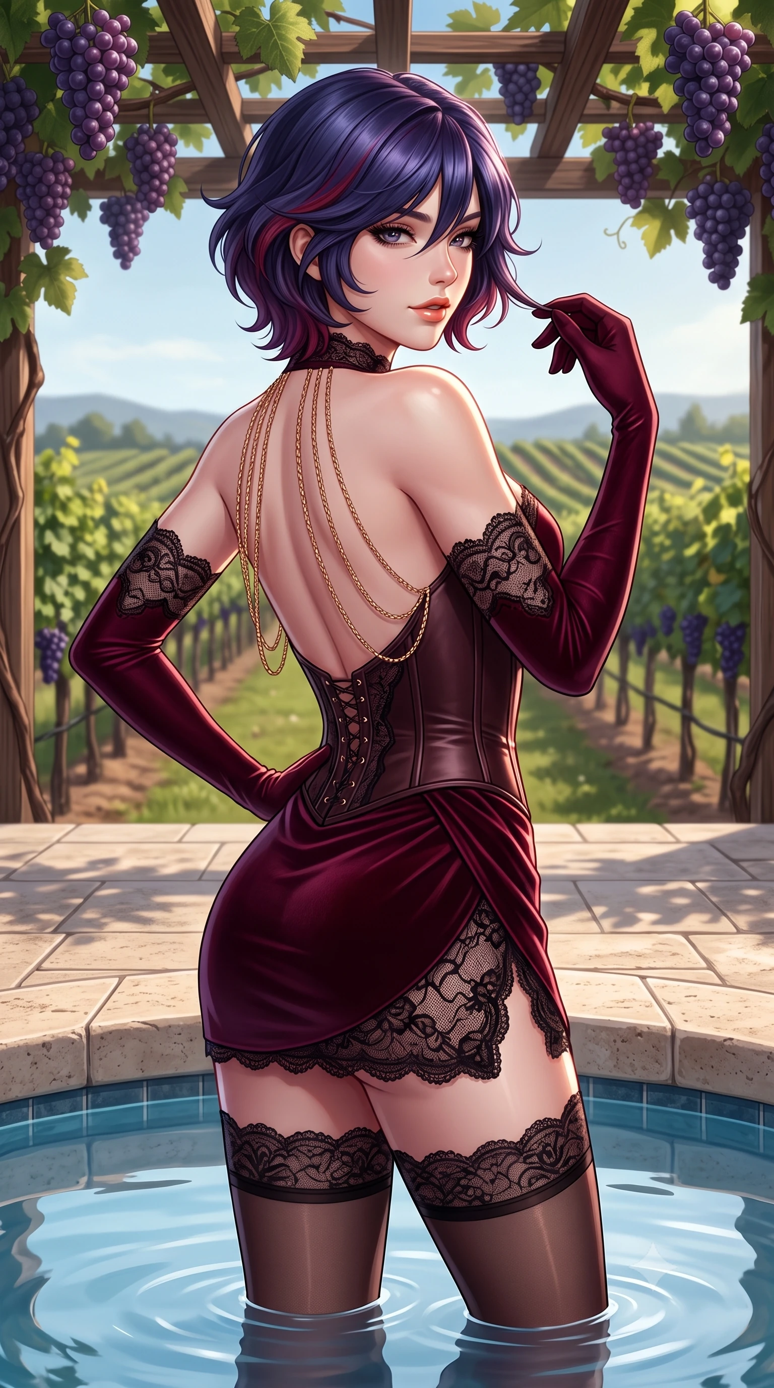 score_9, masterpiece, best quality, ultra-detailed, high-budget anime keyframe, semi-realistic 3D game render, editorial fashion photography, tasteful artistic composition, Korean woman. close-up cowboy shot from the waist and thighs up, the character dominates the composition, filling the frame with her large presence. twisting her slender torso in an alluring contrapposto stance, one hand resting on her sculpted hip while her fingers toy with her hair with effortless poise while standing knee-deep in the mirror-smooth pool with hips cocked back, looking over a bare shoulder toward the vineyard with smoldering siren allure. The surrounding environment is rendered in vivid detail and crisp panoramic clarity: sharp travertine stone pool coping, ripe purple grape cluster details on overhead trellis, and pool surface meniscus in deep focus. She has an exceptionally elegant, slender, and willowy female figure with an ultra-slim waist, flat toned midriff, narrow ribcage, and sculpted feminine hips creating an alluring, slim hourglass silhouette without bulk. sharp v-shaped jawline, high-bridge nose, sparkling eyes with hypnotic seductive depth, thick curled eyelashes, glossy parted lips with a natural dewy peach sheen, alluring bedroom-eyes with an enchanting coquettish smile, exuding magnetic siren charisma and sophisticated glamour, flawlessly proportioned anatomical accuracy, strict slender model proportions, natural body alignment, perfectly sculpted long slender limbs, ultra-slim waistline, clean dynamic posture without body distortion. wearing a structured boned leatherette corset bodice paired with an ultra-short micro-wrap mini skirt and sheer thigh-high stockings in deep bordeaux velvet and delicate black chantilly, made of semi-opaque stretch illusion mesh with soft shadowy contours, accented with an open-back drape framed by falling strands of delicate gold chains, the glove-like clinging cut tightly following the natural contour of her hips and long slender legs with youthful 8.5-heads elegance. illuminated by pool water specular reflections and sharp rose-gold rim lights defining her delicate clavicles, ultra-slim waist, and curvy hips. highly saturated vibrant anime colors, detailed shading with soft gradients, rich glossy textures, high-contrast stereoscopic depth, volumetric dynamic lighting, master piece, 9:16 ratio