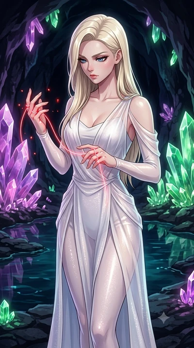 score_9, masterpiece, best quality, ultra-detailed, High-budget Anime Keyframe, Caucasian woman, strictly human ears. Low angle cowboy shot filling the entire 9:16 frame with her statuesque presence. Scenario 527: tracing a glowing red thread of fate