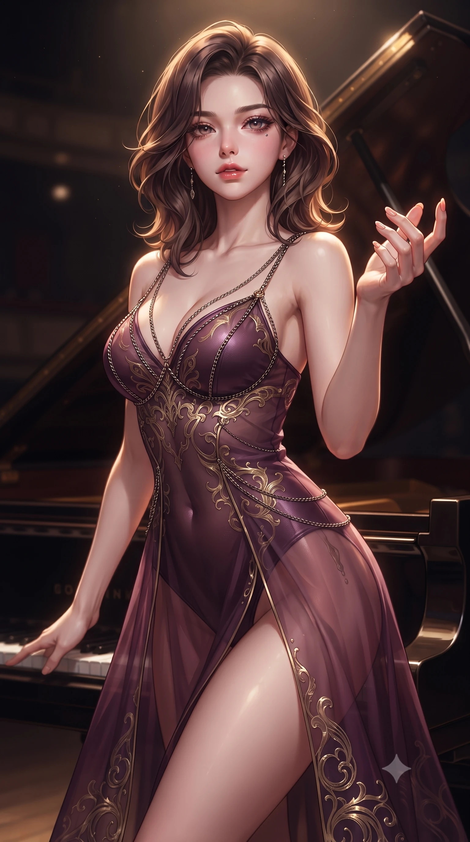 score_9, masterpiece, best quality, ultra-detailed, high-budget anime keyframe, editorial fashion photography, tasteful artistic composition, Korean woman. close-up cowboy shot from the waist and thighs up, the character dominates the composition, filling the frame with her large presence, background elements kept in soft focus. Reaching one hand gracefully toward the viewer with effortless superiority and allure resting against the open lid of a grand piano as golden stage light traces her form, dramatic chiaroscuro lighting isolating her form in a dark auditorium. She has an exceptionally elegant, slender, and willowy female figure with an ultra-slim waist, a gracefully sculpted slender torso, and a refined silhouette. sharp v-shaped jawline, high-bridge nose, intricate jewel-like eyes with depth, thick eyelashes, glossy lips with a natural sheen. wearing a semi-opaque sheer overlay dress over a leather micro-bodysuit in plum purple and gold filigree, crafted from smooth liquid silk, adorned with delicate metallic chain straps along the neckline, the form-contouring material highlighting her ultra-slim waist and long lines. surrounded by an elegant, high-contrast performance atmosphere. highly saturated vibrant anime colors, detailed shading with soft gradients, rich glossy textures, high-contrast stereoscopic depth, volumetric dynamic lighting, master piece, 9:16 ratio