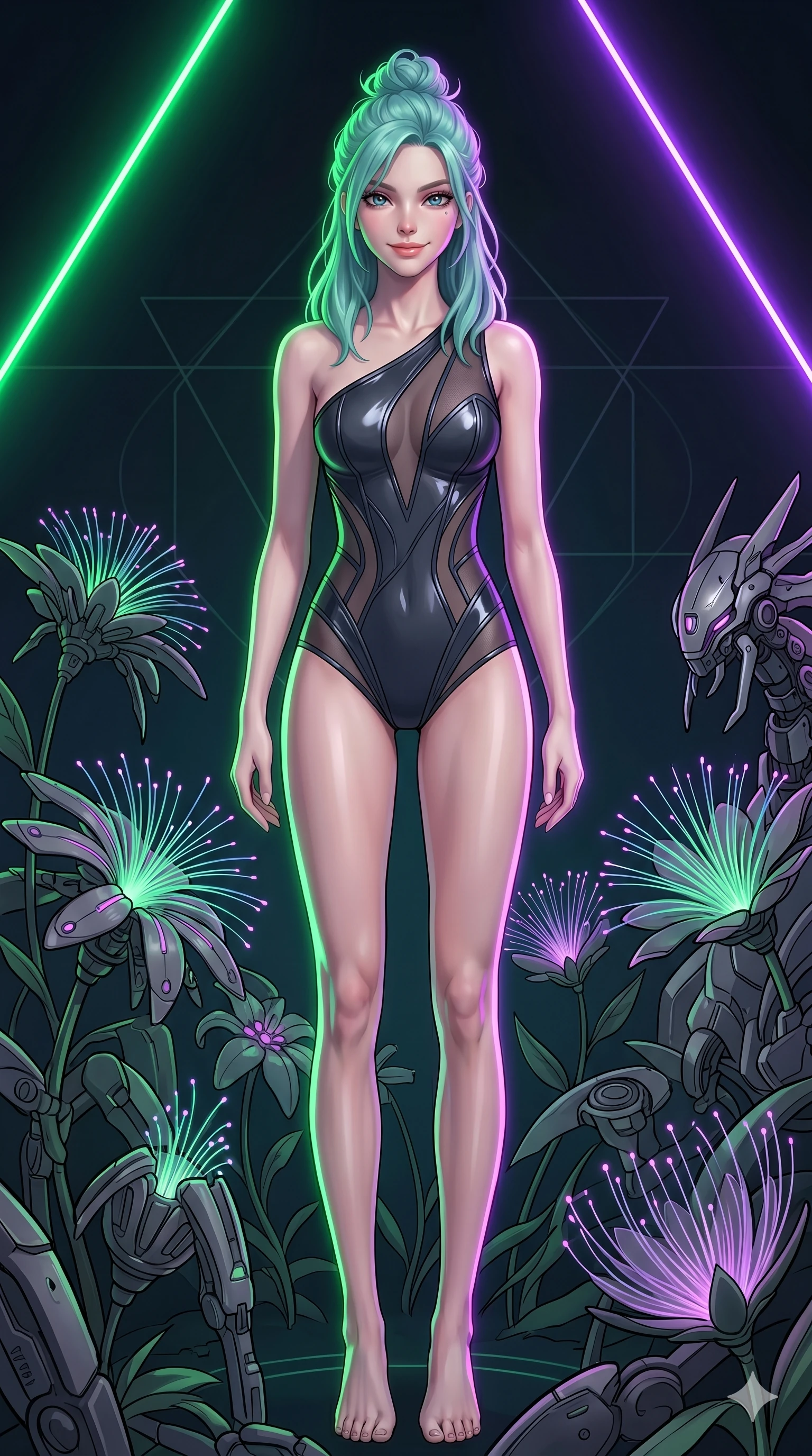 score_9, masterpiece, best quality, ultra-detailed, high-budget anime keyframe, editorial fashion photography, tasteful artistic composition, Japanese woman. cowboy shot from the thighs up, character and outfit filling the frame for maximum editorial presence. Tilting her head to the side with a playful, confident smile, her eyes sparkling within a virtual garden where mechanical flowers with fiber-optic petals grow, with a quiet silence hanging over the sacred ground. She has an absolutely perfect 8-heads proportion, an exceptionally tall and slender female figure with impossibly long slender legs and an ultra-slim waist. V-shaped jawline, high-bridge nose, intricate jewel-like eyes with depth, thick eyelashes, glossy lips with a natural sheen. wearing an asymmetric structured bodysuit in deep charcoal with a glossy vinyl overlay and sheer mesh inserts. under twin neon green and purple rim lights that trace her silhouette with intense color lines. 2k, ultra detail, master piece, 9:16 ratio