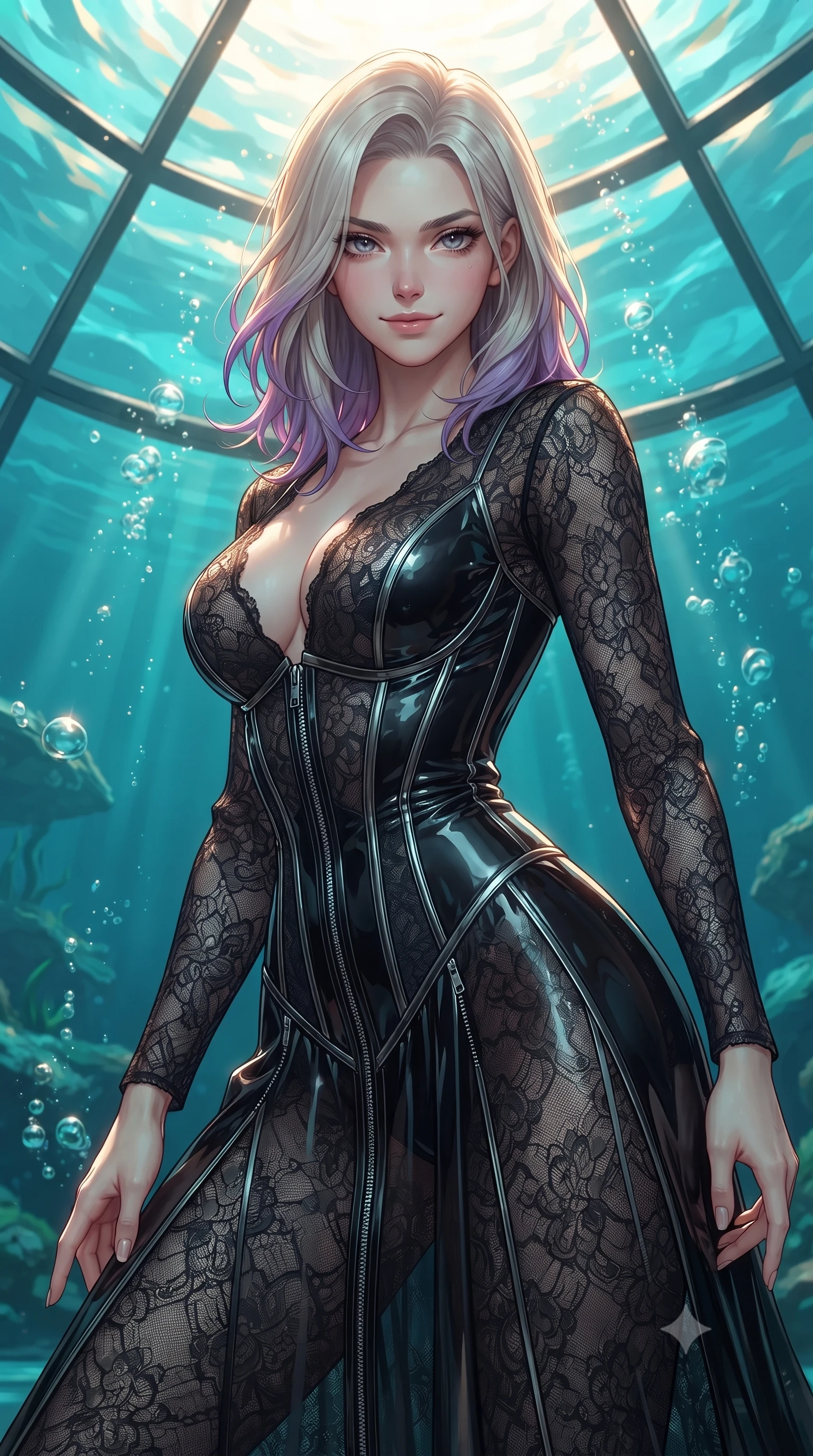 score_9, masterpiece, best quality, ultra-detailed, high-budget anime keyframe, editorial fashion photography, tasteful artistic composition, Caucasian woman. close-up cowboy shot from the waist and thighs up, the character dominates the composition, filling the frame with her large presence, background elements kept in soft focus. Smiling with quiet, magnetic self-assurance directly into the camera, poised beneath a glass ceiling as golden sunlight dances through turquoise water, rising air bubbles catching bright golden rim highlights. She has an exceptionally elegant, slender, and willowy female figure with an ultra-slim waist, a gracefully sculpted slender torso, and a refined silhouette. sharp v-shaped jawline, high-bridge nose, intricate jewel-like eyes with depth, thick eyelashes, glossy lips with a natural sheen. wearing gothic nebula sheer dark lace gown with plunging neckline in pitch-black onyx, made of high-gloss liquid vinyl, finished with metallic silver boning and sleek zipper points, sculpting her athletic slender build with refined precision. illuminated by golden caustic water rays and bright turquoise sea light. highly saturated vibrant anime colors, detailed shading with soft gradients, rich glossy textures, high-contrast stereoscopic depth, volumetric dynamic lighting, master piece, 9:16 ratio