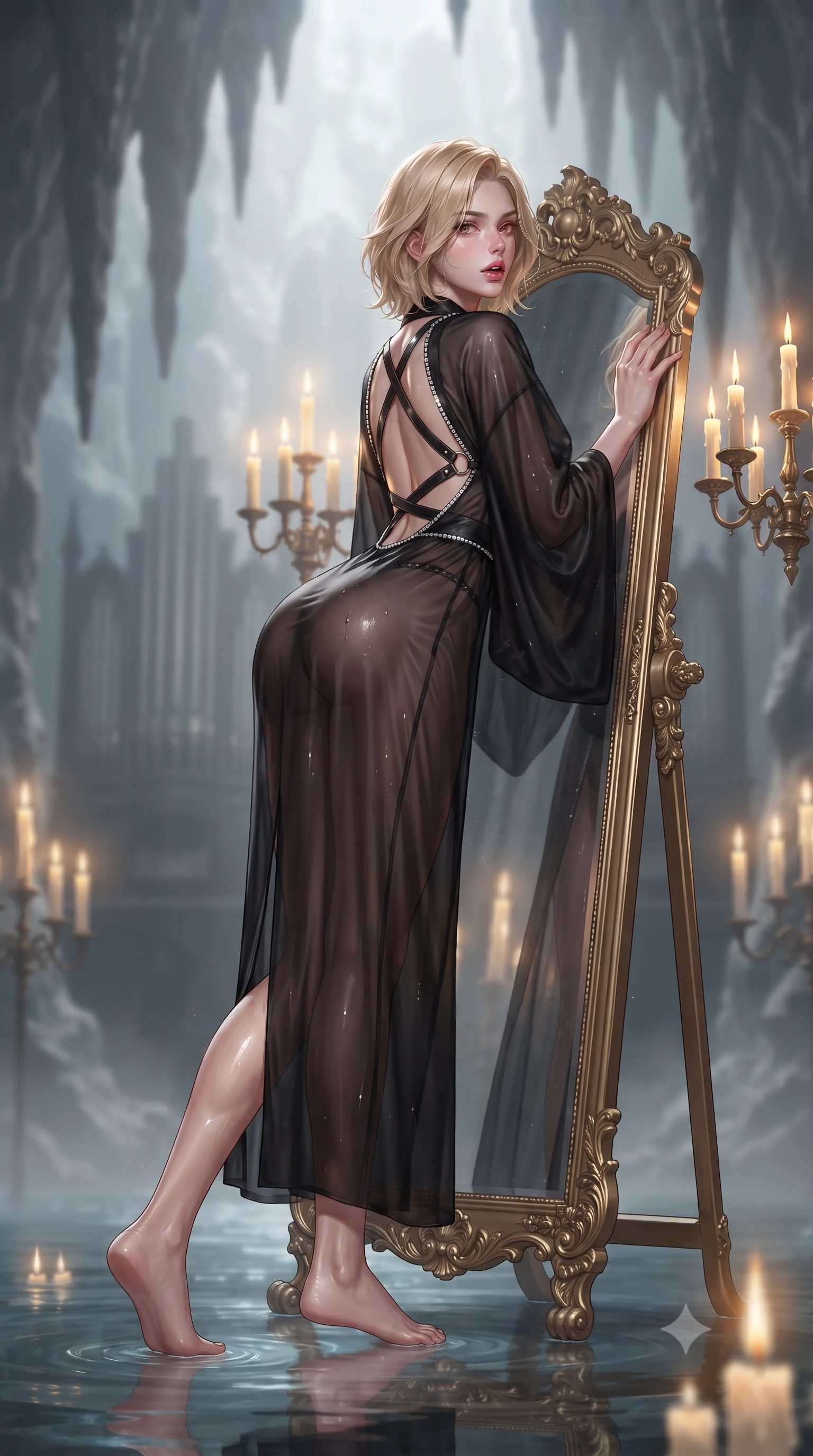 score_9, masterpiece, best quality, ultra-detailed, high-budget anime keyframe, editorial fashion photography, tasteful artistic composition, Caucasian woman. low angle full-body shot from head to toe showing her feet, filling the entire 9:16 vertical frame with her statuesque presence, stretching her vertical silhouette. leaning deep against the structural architecture with hips cocked in an unapologetically bold, seductive high-fashion stance while leaning against an ornate gilded floor mirror surrounded by floating candelabras, looking over her shoulder at her own reflection with parted glossy lips. The composition keeps background elements in soft focus with creamy bokeh. towering limestone stalactite arches and gothic pipe organ silhouettes softened in atmospheric shallow focus. She has an exceptionally tall and slender model-like 8.5-heads proportion, an ultra-slim waist, a flat toned midriff, narrow delicate ribcage, and beautifully sculpted feminine hips creating a graceful, slim hourglass silhouette without any bulky heaviness, with impossibly long slender legs. sharp v-shaped jawline, high-bridge nose, intricate jewel-like eyes with depth, thick eyelashes, glossy parted lips with a natural sheen, intensely captivating and seductive bedroom-eyes expression, flawlessly proportioned anatomical accuracy, strict slender model proportions, natural body alignment, perfectly sculpted long slender limbs, ultra-slim waistline, clean dynamic posture without body distortion. wearing a delicate semi-translucent silk yukata that clings to her wet skin and curvy hip contours in pitch-black velvet with diamond crystal trim, tailored from ultra-smooth duchess satin with a pearlescent sheen, featuring an open-back criss-cross harness strap in dark leather, the dramatically scooped open back descending to the base of her spine, accentuating her razor-sharp statuesque lines and slim hourglass silhouette. bathed in warm golden candelabra flicker from all sides and soft subterranean lake water reflections. ultra-reflective glossy finish, specular highlights, rich textural contrasts, high-contrast stereoscopic depth, volumetric dynamic lighting, 2k, ultra detail, master piece, 9:16 ratio