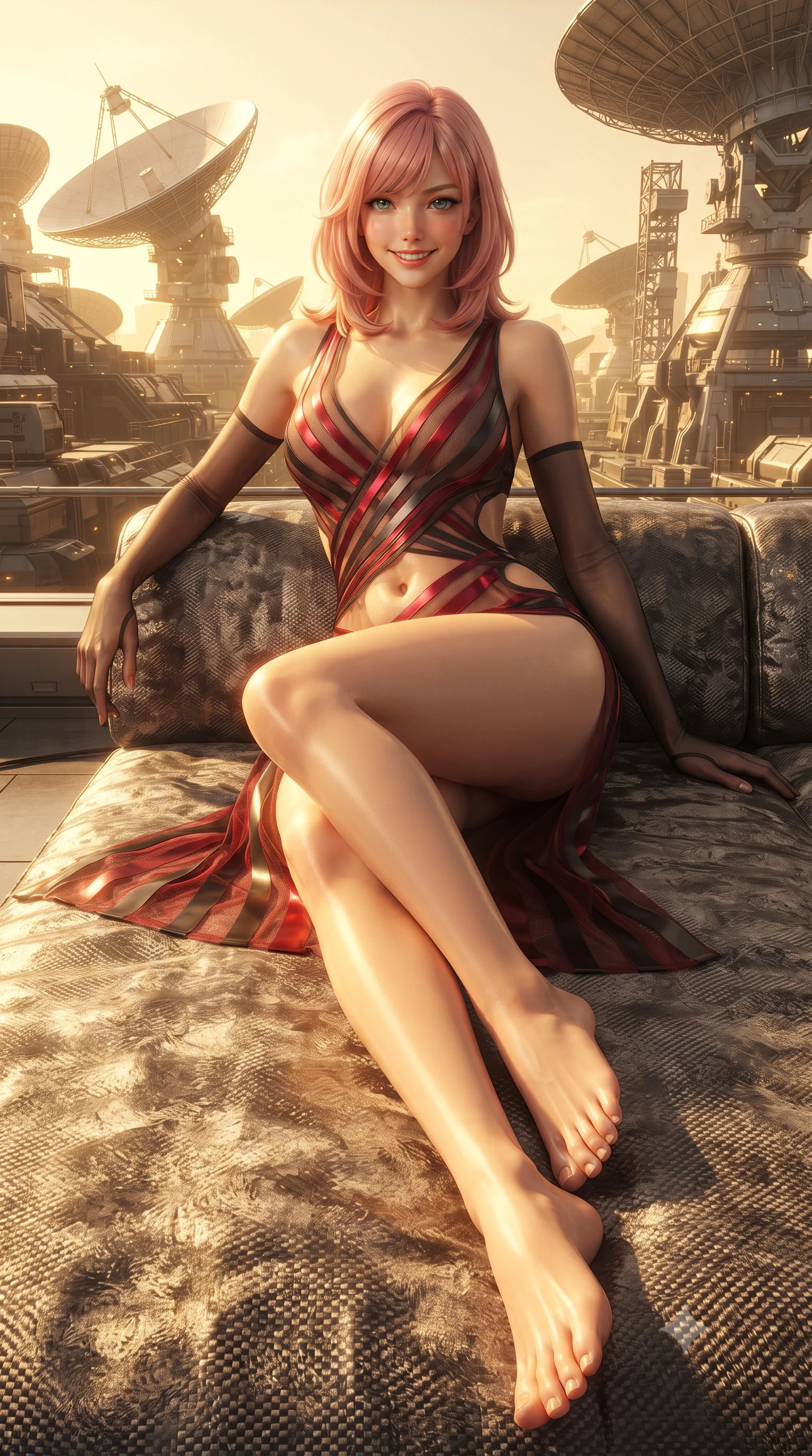 score_9, masterpiece, best quality, ultra-detailed, high-budget anime keyframe, editorial fashion photography, tasteful artistic composition, Japanese woman. low angle full-body shot from head to toe showing her feet, filling the entire 9:16 vertical frame with her statuesque presence, stretching her vertical silhouette. lounging on the lavish daybed with legs crossed and hips angled toward the camera, displaying her toned midriff and long slender limbs with effortless siren poise while twisting her slender torso in an alluring S-curve, intense solar radiation filters painting golden highlights across her flat midriff and hips. The surrounding environment is rendered in vivid detail and crisp panoramic clarity: detailed high-tech tactical gear, sleek bodycon lines, and colossal satellite engineering in high resolution. She has an exceptionally tall and slender model-like 8.5-heads proportion, an ultra-slim waist, a flat toned midriff, narrow delicate ribcage, and beautifully sculpted feminine hips creating a graceful, slim hourglass silhouette without any bulky heaviness, with impossibly long slender legs. sharp v-shaped jawline, high-bridge nose, intricate jewel-like sparkling eyes with depth, thick eyelashes, glossy parted lips with a natural peach sheen, bright cheerful beaming smile with an enchanting and coquettish sensual glint, exuding both youthful cute charm and seductive allure, flawlessly proportioned anatomical accuracy, strict slender model proportions, natural body alignment, perfectly sculpted long slender limbs, ultra-slim waistline, clean dynamic posture without body distortion. wearing a plunge-front sheer illusion tulle combat slip dress with liquid platinum ribbon stripes hugging her curves in deep crimson hazard red and matte dark titanium, woven from structured carbon-fiber jacquard with rich textural depth, complemented by sheer opera-length evening gloves tracing her slender arms, the precision-cut side openings and low-back scoop framing her graceful spine and the sensual sweep of her slim, toned hips. bathed in the blinding warm golden 3500K solar radiance filtered through polarizing helmet smart-glass. ultra-reflective glossy finish, specular highlights, rich textural contrasts, high-contrast stereoscopic depth, volumetric dynamic lighting, 2k, ultra detail, master piece, 9:16 ratio