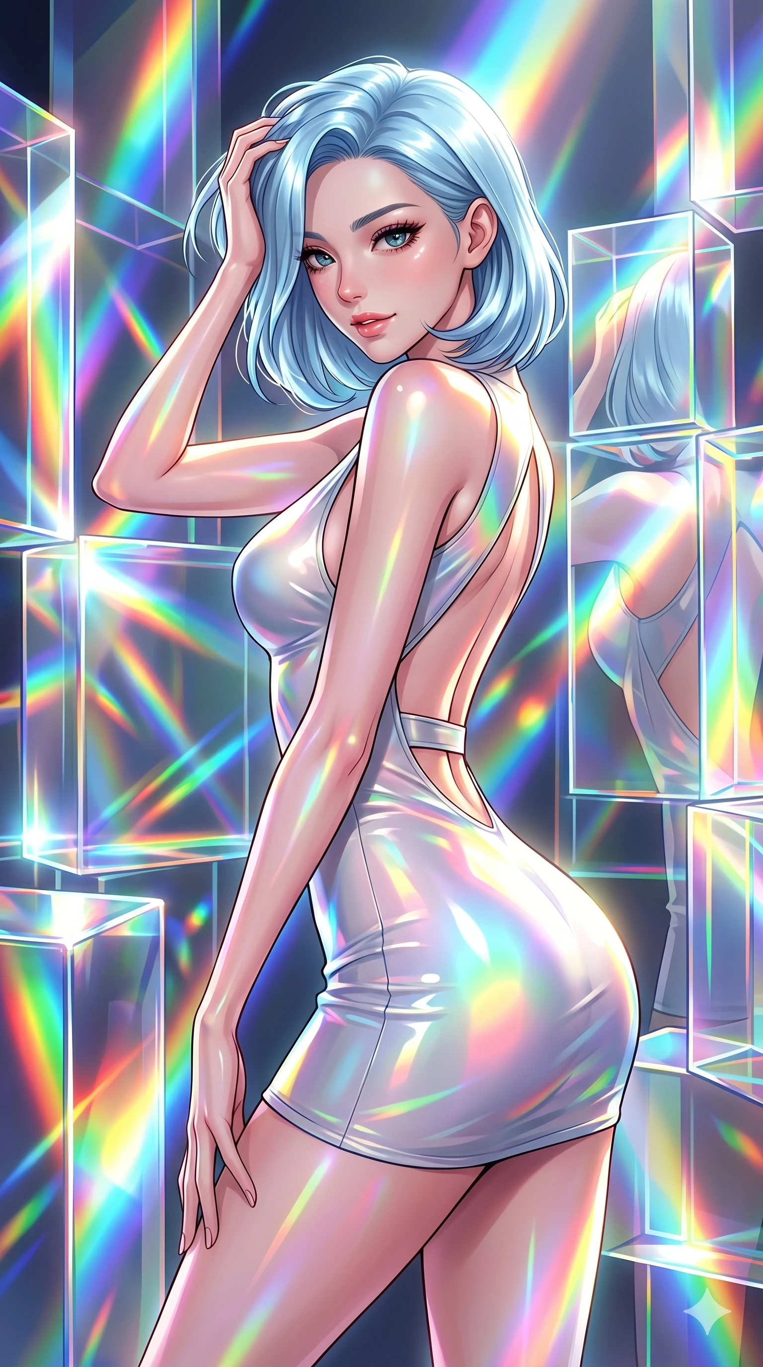score_9, masterpiece, best quality, ultra-detailed, high-budget anime keyframe, Korean woman. Upper body close-up from the thighs up, character filling the screen for maximum presence. She is bending sideways dynamically, reflecting in a maze of giant prismatic glass blocks that shower bright spectrums of light. She runs a hand through her hair with a playful, teasing expression. She has an absolutely perfect 8-heads proportion, an exceptionally tall and slender female figure with impossibly long slender legs and an ultra-slim waist. V-shaped jawline, high-bridge nose, intricate jewel-like eyes with depth, thick eyelashes, glossy lips with a natural sheen. She is wearing a second-skin fashion-latex mini dress with a clean architectural front, featuring an open-back design that wraps around the sides of her waist, showcasing her slender silhouette. The scene is drenched in blindingly bright rainbow prismatic spotlights with sharp specular highlights. 2k, ultra detail, master piece, 9:16 ratio