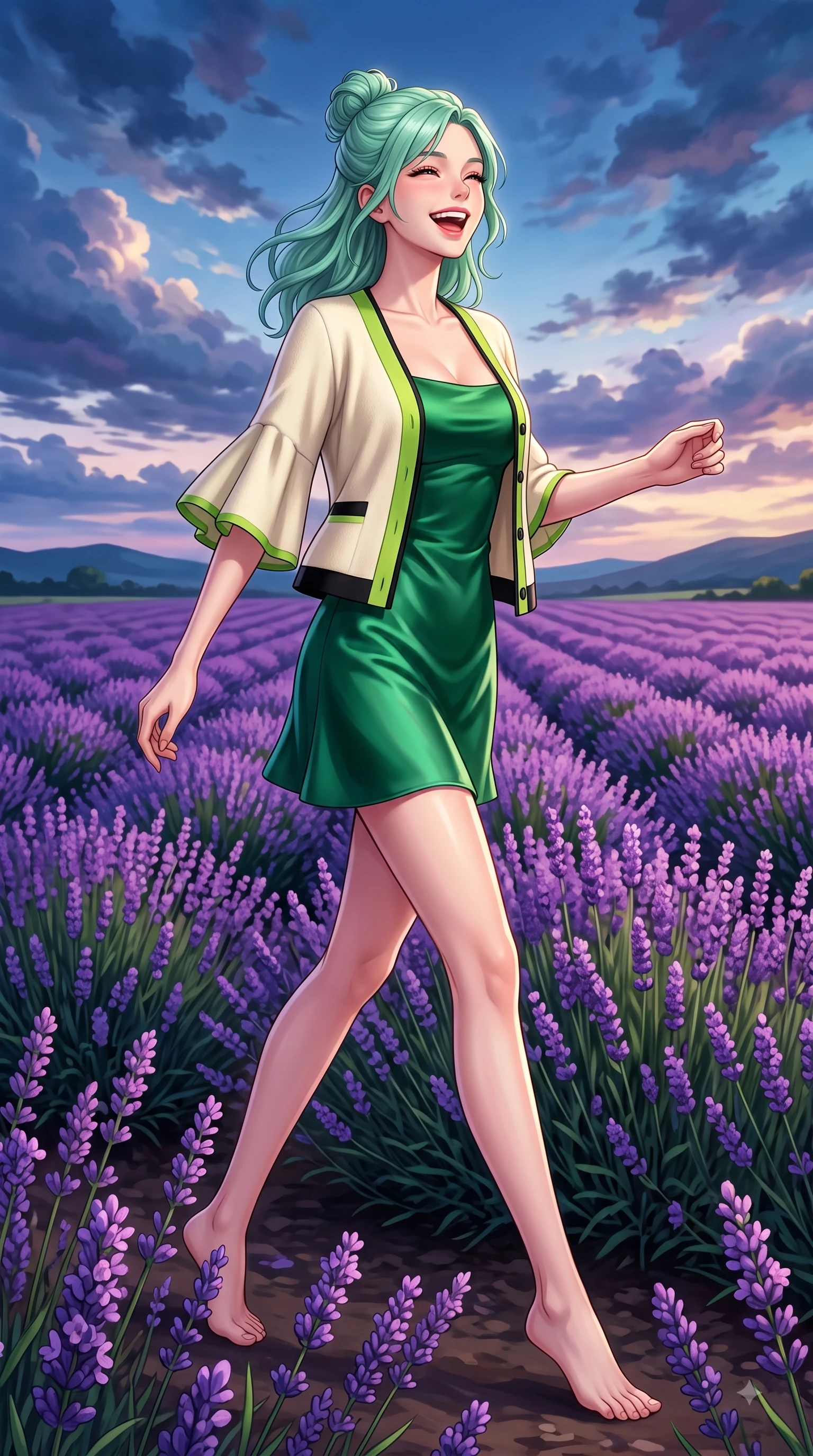 score_9, masterpiece, best quality, ultra-detailed, high-budget anime keyframe, editorial fashion photography, tasteful artistic composition, Japanese woman. low angle full-body shot from head to toe showing her feet, filling the entire 9:16 vertical frame with her statuesque presence, stretching her vertical silhouette. Ecstatic joyful laughter with eyes crinkling in pure delight and vibrant energy filling her dynamic posture while walking gracefully through an endless field of blooming purple lavender under a twilight sky. The surrounding environment is rendered in vivid detail and crisp panoramic clarity. intricate floral stem textures, dramatic sunset sky clouds, and distant rolling hills in deep focus. She has an absolutely perfect, statuesque 8.5-heads proportion, an exceptionally tall and slender model-like female figure with impossibly long slender legs and an ultra-slim waist. sharp v-shaped jawline, high-bridge nose, intricate jewel-like eyes with depth, thick eyelashes, glossy lips with a natural sheen, flawlessly proportioned anatomical accuracy, natural body alignment, perfectly sculpted elegant limbs, clean dynamic posture without body distortion. wearing a rich emerald green satin slip dress layered under a plush cream cardigan in bright lime green and sleek jet black, tailored from structured wool crepe with clean lines, featuring elegant flutter sleeves and a graceful square neckline, the chic fashion cut framing her graceful clavicle and slender torso. surrounded by a romantic, dreamy, and painterly nature editorial atmosphere. highly saturated vibrant anime colors, detailed shading with soft gradients, rich glossy textures, high-contrast stereoscopic depth, volumetric dynamic lighting, master piece, 9:16 ratio
