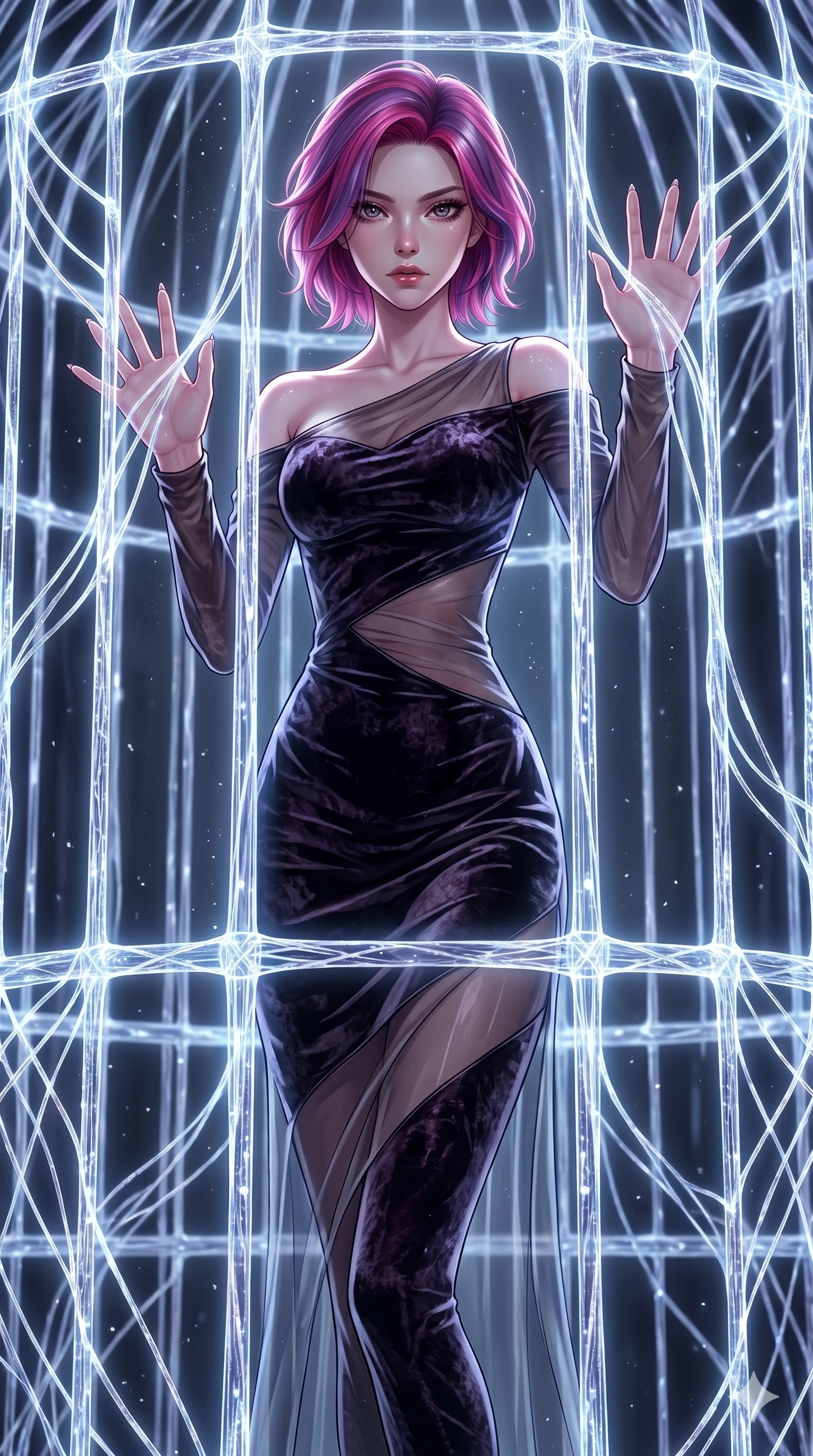 score_9, masterpiece, best quality, ultra-detailed, High-budget Anime Keyframe, East Asian woman. Dynamic full-body shot stretching the vertical silhouette to the limit. Scenario 12: Trapped in a cage of glowing crystalline fibers, body pressing against the bars. Her presence is magnetic and overpowering in this high-budget anime scene. Outfit 12: A crushed dark velvet second with a low-cut shoulder and translucent layers. The clothing is designed to emphasize her exceptionally tall and slender 8-heads proportion. 8-heads proportion, towering silhouette, ultra-slim waist. sharp v-shaped jawline, intricate jewel-like eyes with depth, thick eyelashes, glossy lips. 2k, ultra detail, master piece, 9:16 ratio