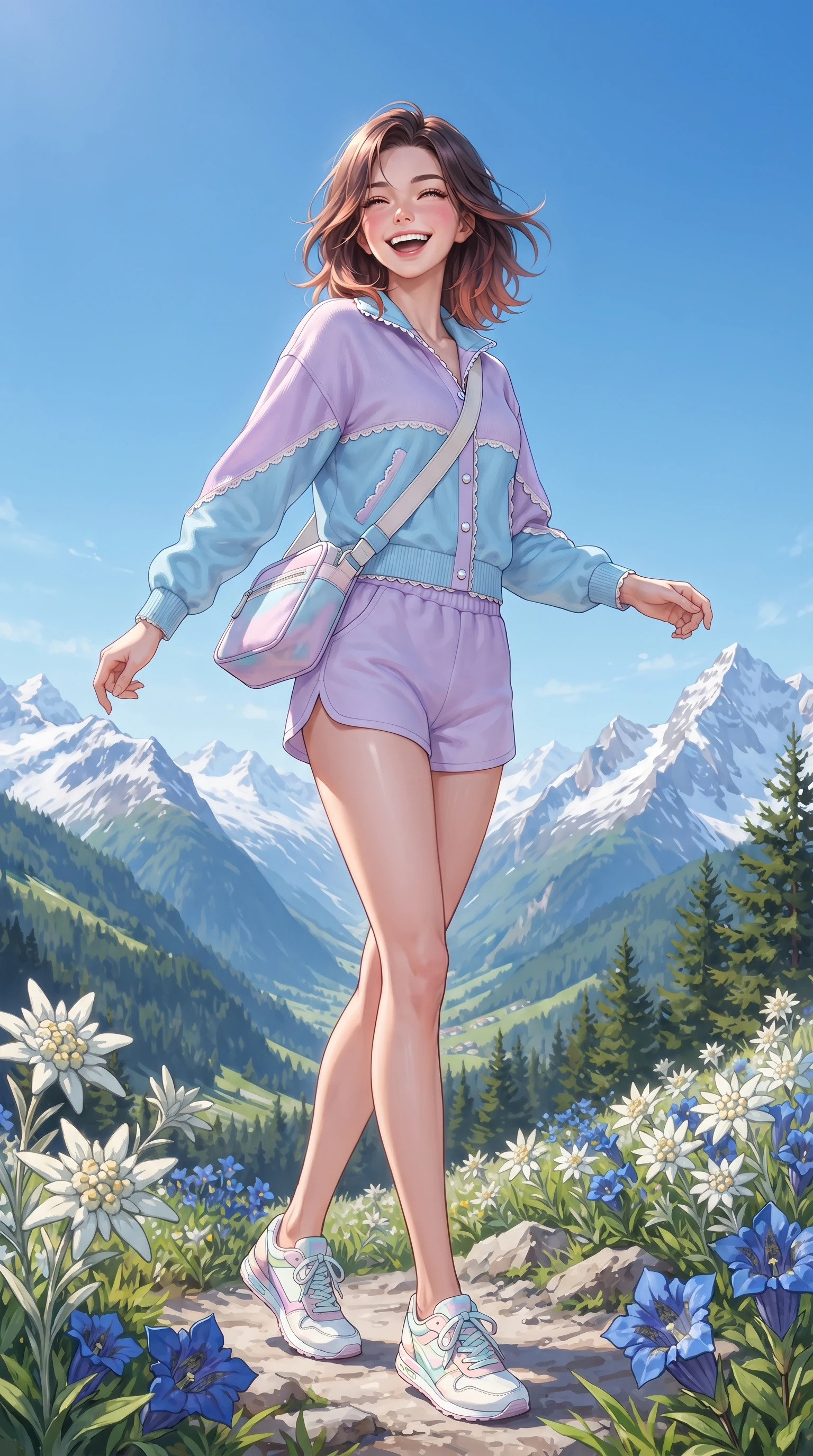 score_9, masterpiece, best quality, ultra-detailed, high-budget anime keyframe, editorial fashion photography, tasteful artistic composition, Korean woman. low angle full-body shot from head to toe showing her feet, filling the entire 9:16 vertical frame with her statuesque presence, stretching her vertical silhouette. pivoting dynamically with a fresh infectious smile, her ultra-slim waist and long slender legs creating a fluid graceful line while turning with a joyful laugh as the crisp alpine mountain breeze gently lifts her soft hair against the clear blue sky. The surrounding environment is rendered in vivid detail and crisp panoramic clarity. sharp snowcapped Alpine ridge lines, vibrant edelweiss and blue gentian petals, and green pine slopes in crisp panoramic clarity. She has an absolutely perfect, statuesque 8.5-heads proportion, an exceptionally tall and slender model-like female figure with impossibly long slender legs, a toned flat midriff, and an ultra-slim waist. sharp v-shaped jawline, high-bridge nose, intricate jewel-like eyes with depth, thick eyelashes, glossy lips with a natural sheen, pure and lovely fresh girlhood expression, flawlessly proportioned anatomical accuracy, strict slender model proportions, natural body alignment, perfectly sculpted long slender limbs, ultra-slim waistline, clean dynamic posture without body distortion. wearing a cute sporty pastel windbreaker paired with high-waisted active shorts and a canvas crossbody bag in soft pastel lavender and delicate sky blue, knitted from ultra-soft cozy baby-cashmere yarn, finished with delicate scallop trims and tiny pearl buttons, the tailored casual silhouette highlighting her fresh and youthful presence and perfectly proportioned slender frame. bathed in brilliant morning alpine sunshine and pure crystal-clear blue sky ambient illumination. ultra-reflective glossy finish, specular highlights, rich natural textures, high-contrast stereoscopic depth, volumetric dynamic lighting, 2k, ultra detail, master piece, 9:16 ratio