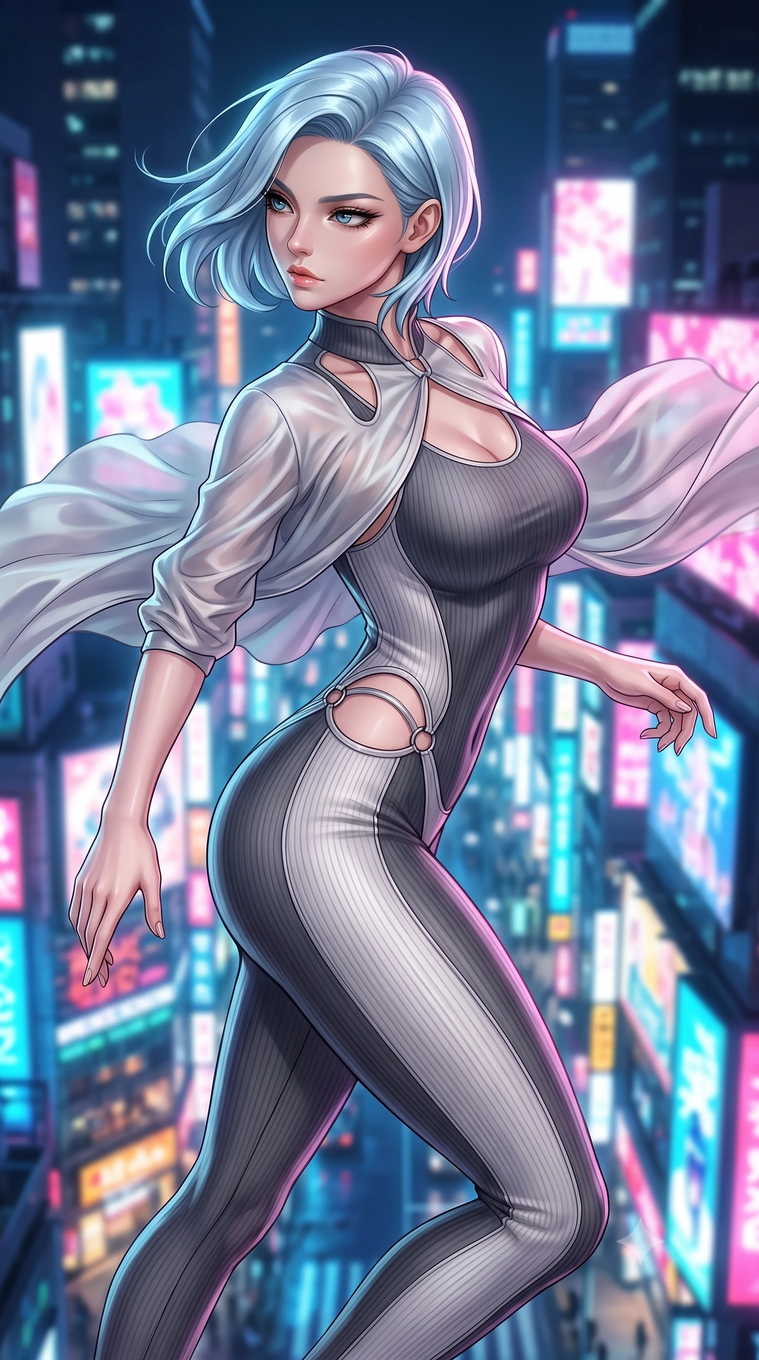 score_9, masterpiece, best quality, ultra-detailed, high-budget anime keyframe, editorial fashion photography, tasteful artistic composition, Korean woman. close-up cowboy shot from the waist and thighs up, the character dominates the composition, filling the frame with her large presence, background elements kept in soft focus. Pivoting sharply while looking back over her shoulder with heavy lashes and a confident, intense gaze while turning in a dynamic mid-air stride with neon city billboards glowing below, fluttering lightweight attire catching the high-altitude urban wind. She has an exceptionally elegant, slender, and willowy female figure with an ultra-slim waist, a gracefully sculpted slender torso, and a refined silhouette. sharp v-shaped jawline, high-bridge nose, intricate jewel-like eyes with depth, thick eyelashes, glossy lips with a natural sheen, flawlessly proportioned anatomical accuracy, natural body alignment, perfectly sculpted elegant limbs, clean dynamic posture without body distortion. wearing a form-fitting ribbed activewear set with elegant collar cutouts in charcoal grey and platinum, crafted from smooth liquid silk, accented with delicate chrome ring hardware framing her waist, the glove-like fit emphasizing her statuesque silhouette during motion. illuminated by glowing holographic sakura radiance and wet specular reflections. highly saturated vibrant anime colors, detailed shading with soft gradients, rich glossy textures, high-contrast stereoscopic depth, volumetric dynamic lighting, master piece, 9:16 ratio